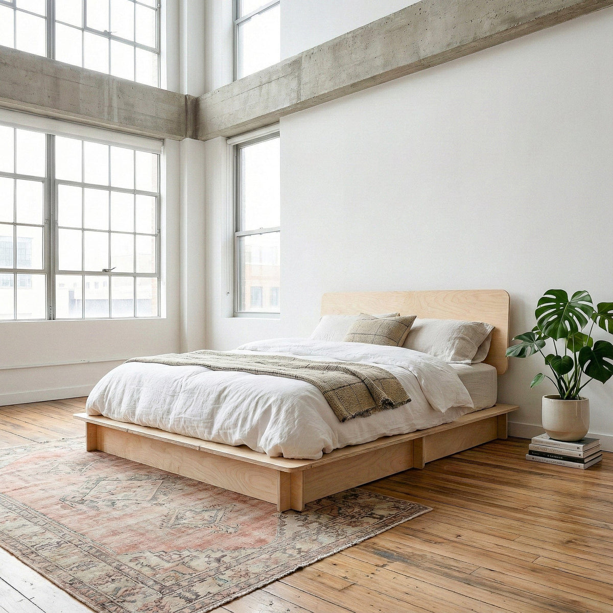 Studio Furnis DOVID natural wood bed frame with white bedding and a low wood headboard in a sunlit loft bedroom with tall windows, plants and a vintage rug