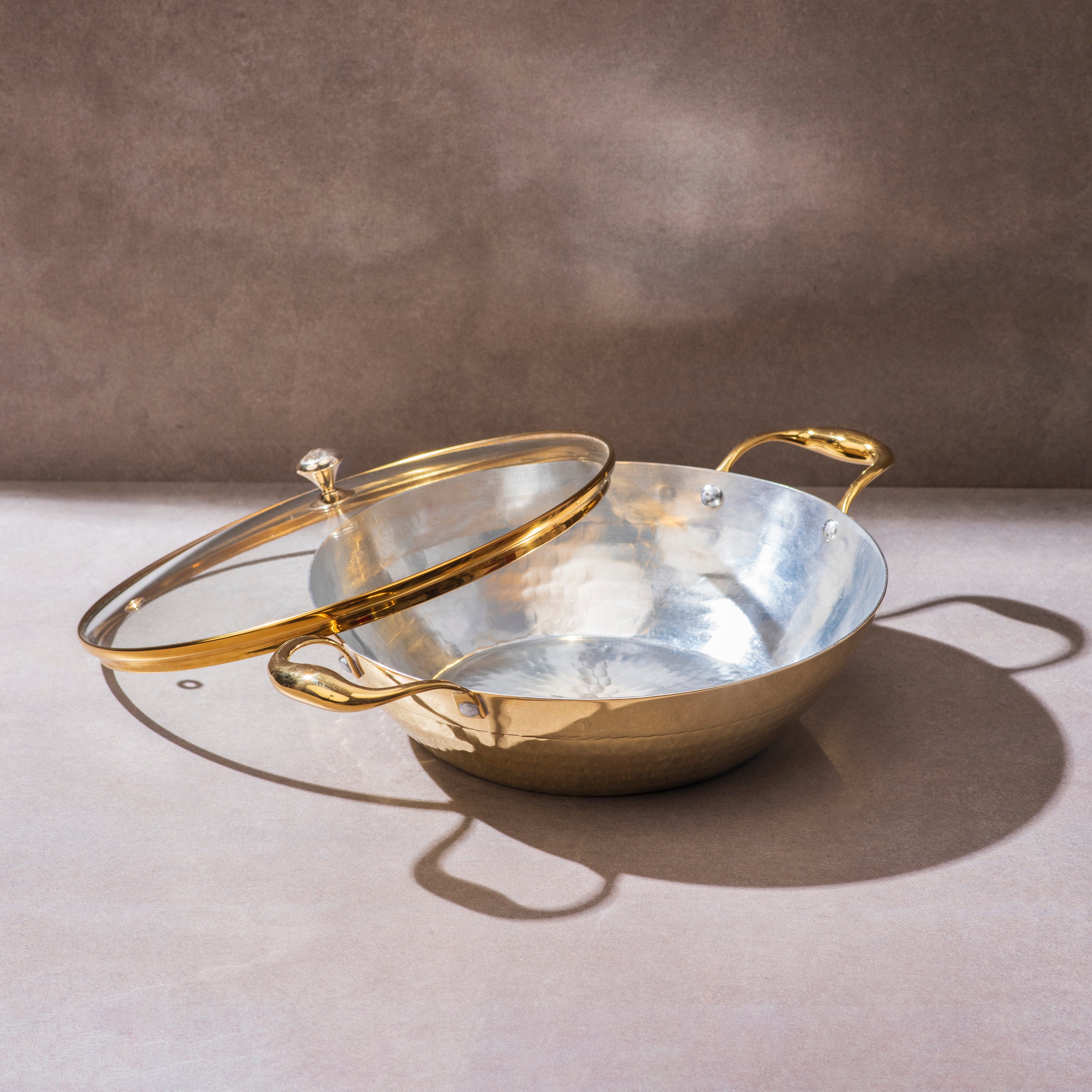 Brass Flat Base Wok with Glass lid