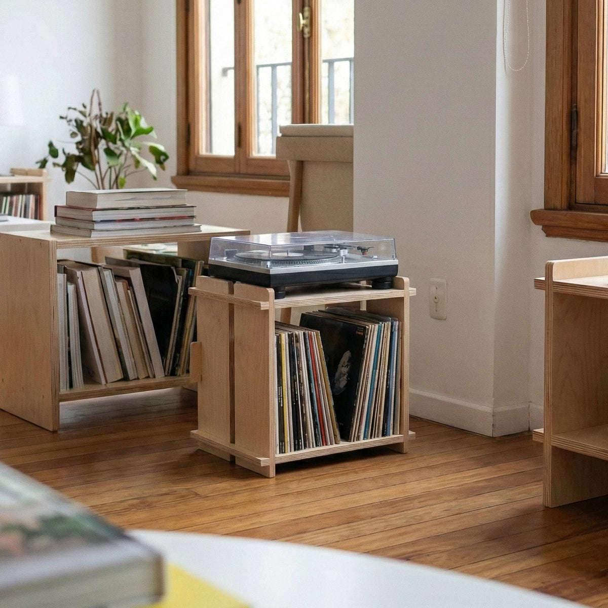 Williamsburg Cubical filled with vinyl records and supporting a turntable in a sunlit room with matching record storage nearby
