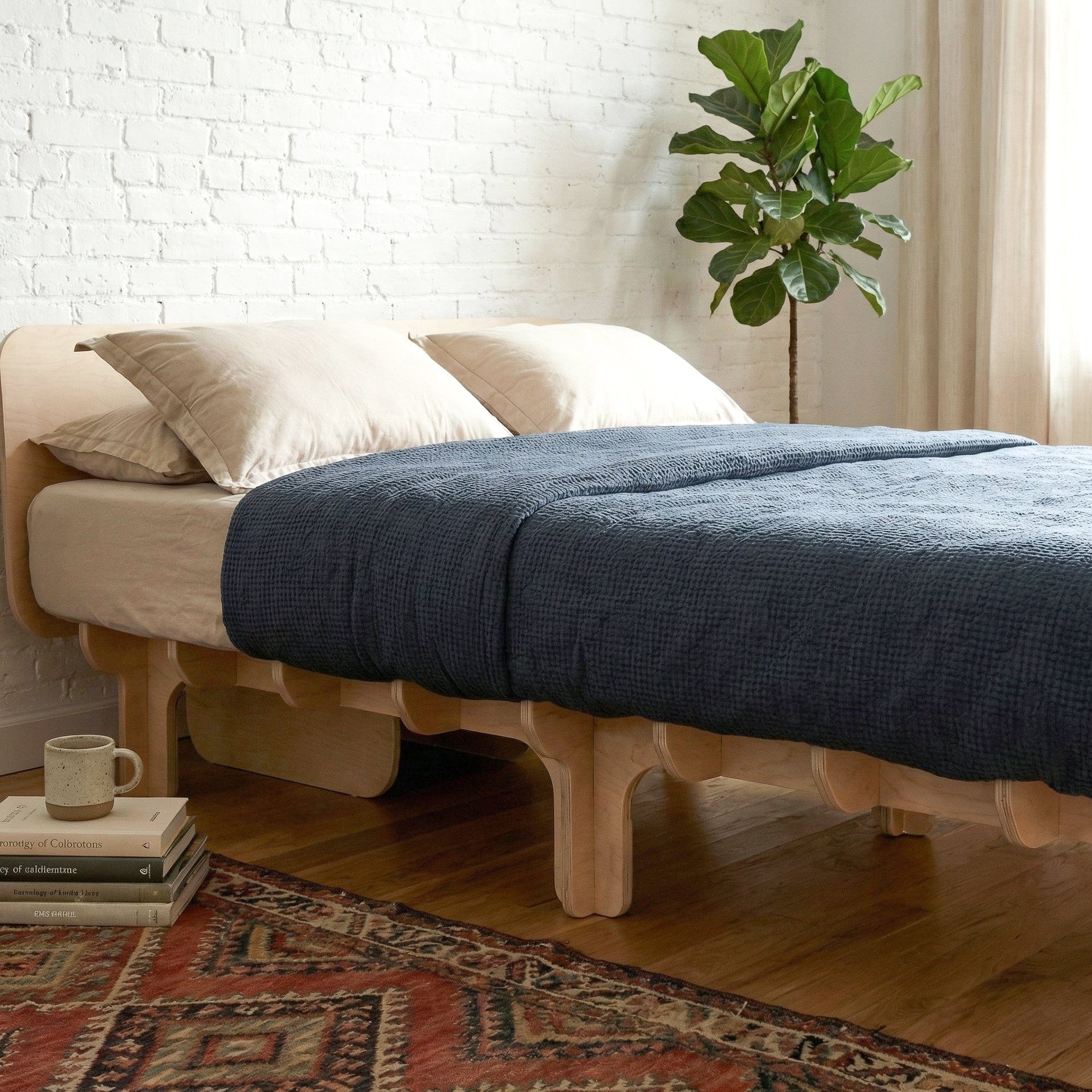Close-up of the DOVID bed frame with dark blue bedding, highlighting its thick wood platform edge and multiple rounded support legs