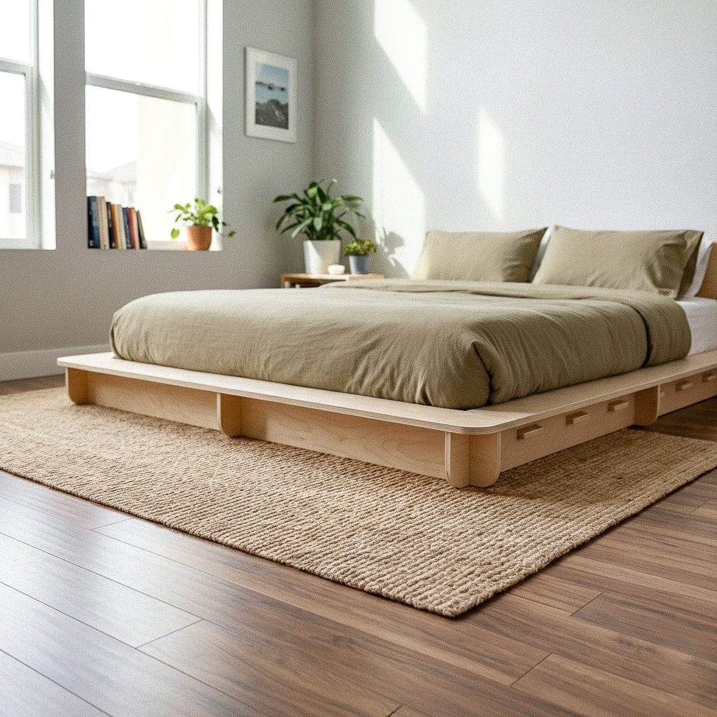 Angled foot-end view of a Studio Furnis natural wood bed platform with taupe bedding on a woven rug in a bright bedroom