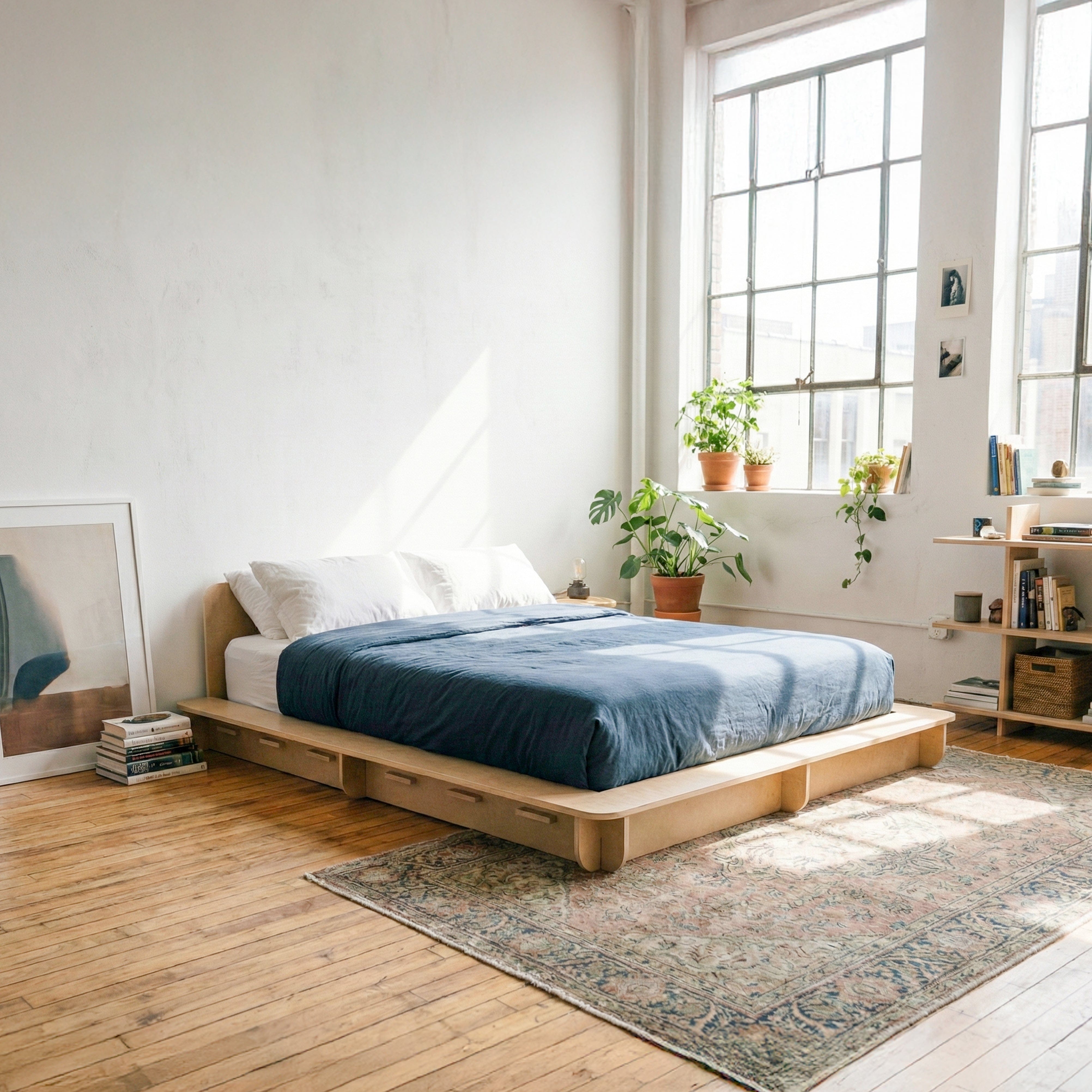 Angled view of a Studio Furnis wood bed platform with blue bedding in a sunlit bedroom with wood floors and a vintage-style rug