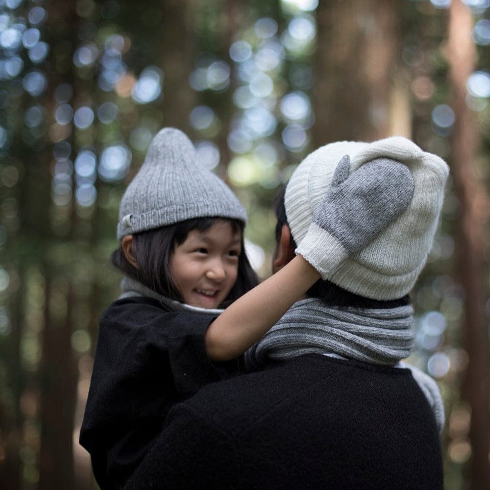 Recycled Wool-Blend Japanese Knit Beanie on child and father in forest