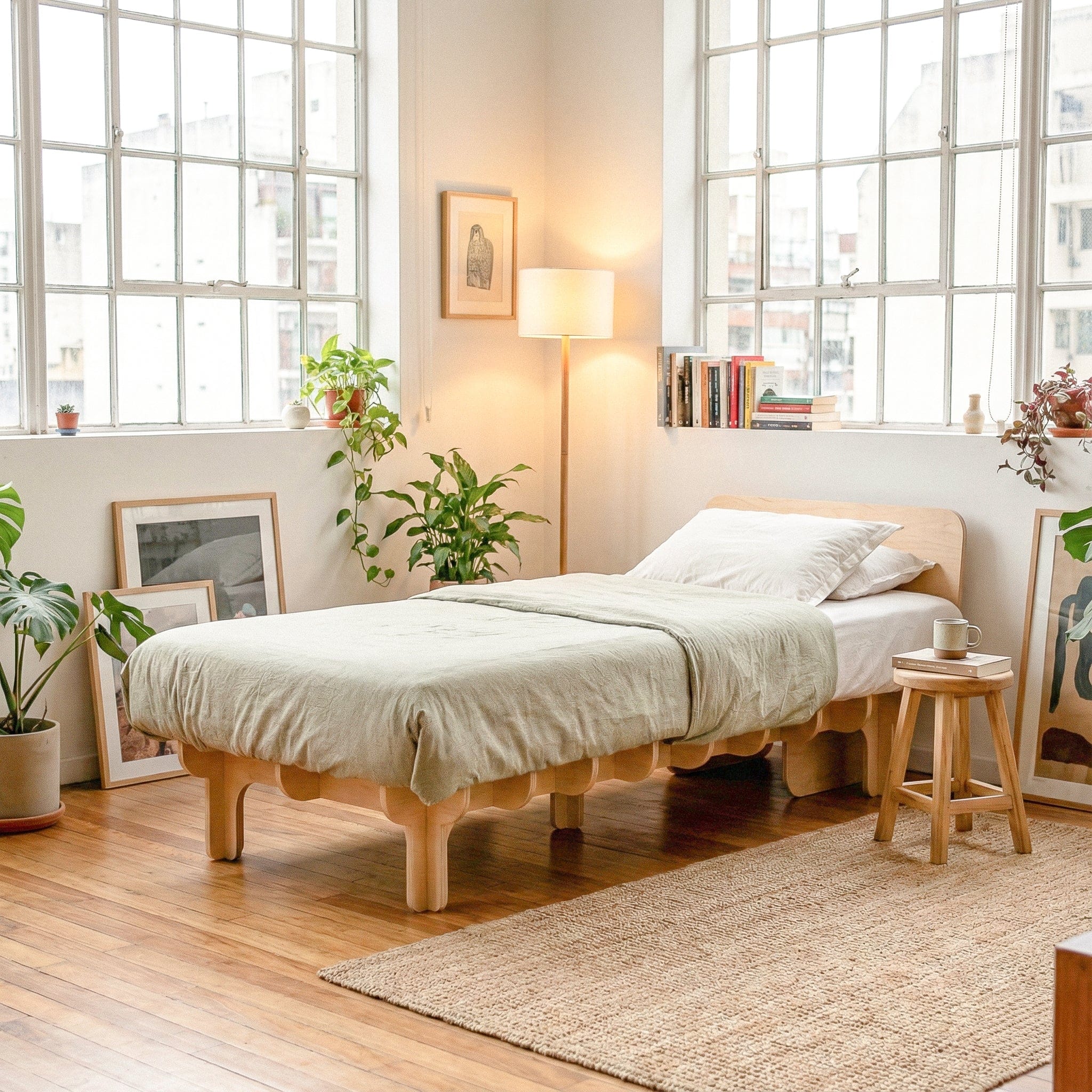 DOVID wood bed frame with cream bedding in a warm sunlit bedroom surrounded by windows, plants, artwork and a wooden chair
