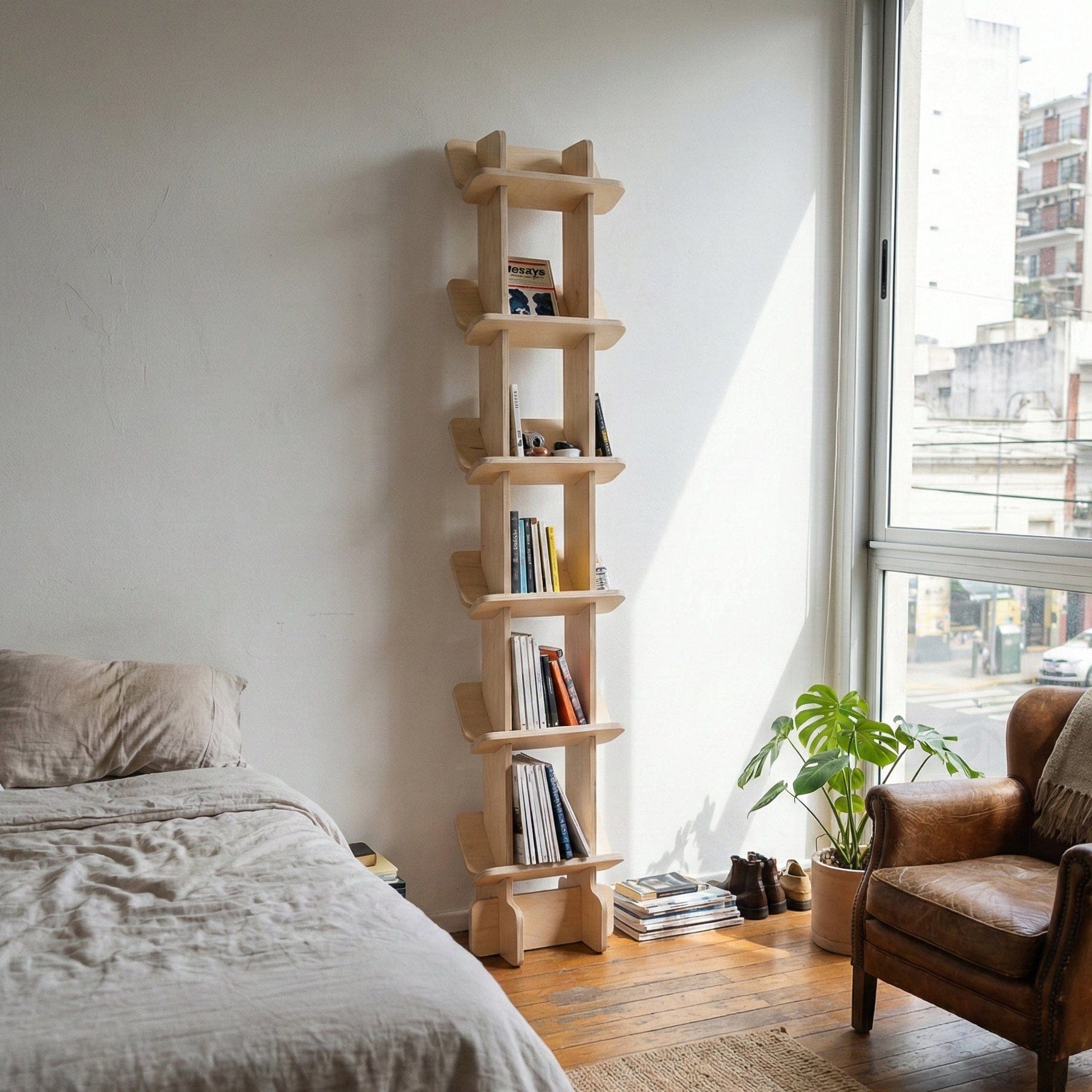 Yankel natural wood bookcase filled with books beside a bed, large window, leather chair and potted plants in a bright bedroom