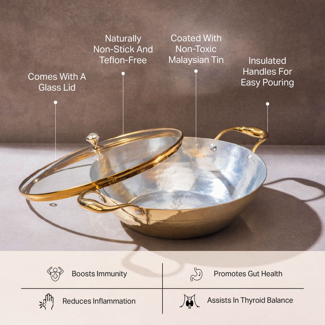 Brass Flat Base Wok with Glass lid