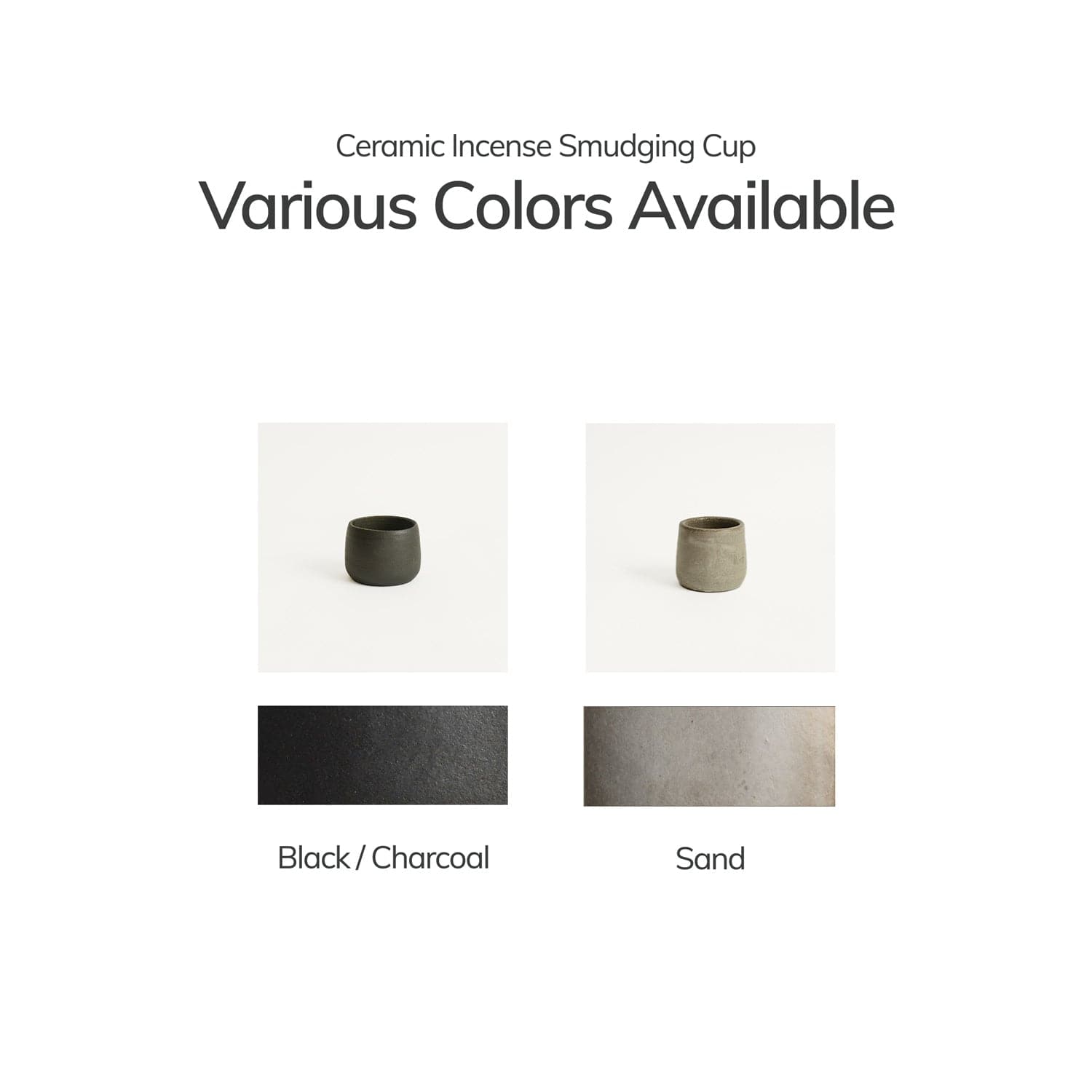 Ceramic incense smudging cup with black and sand color options on a white background