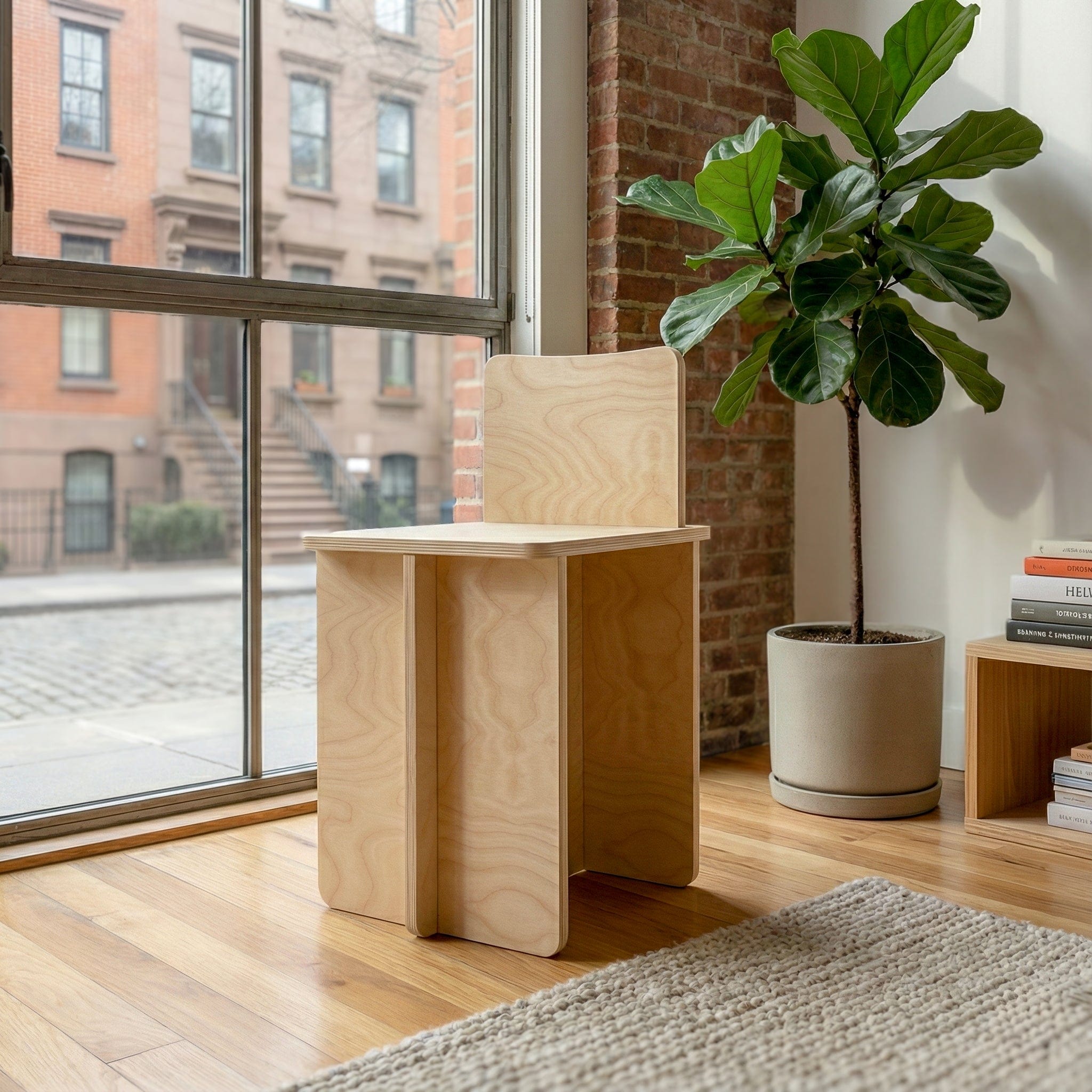 Side and rear view of the Williamsburg natural wood chair showing its tall curved backrest, thick seat and broad panel base