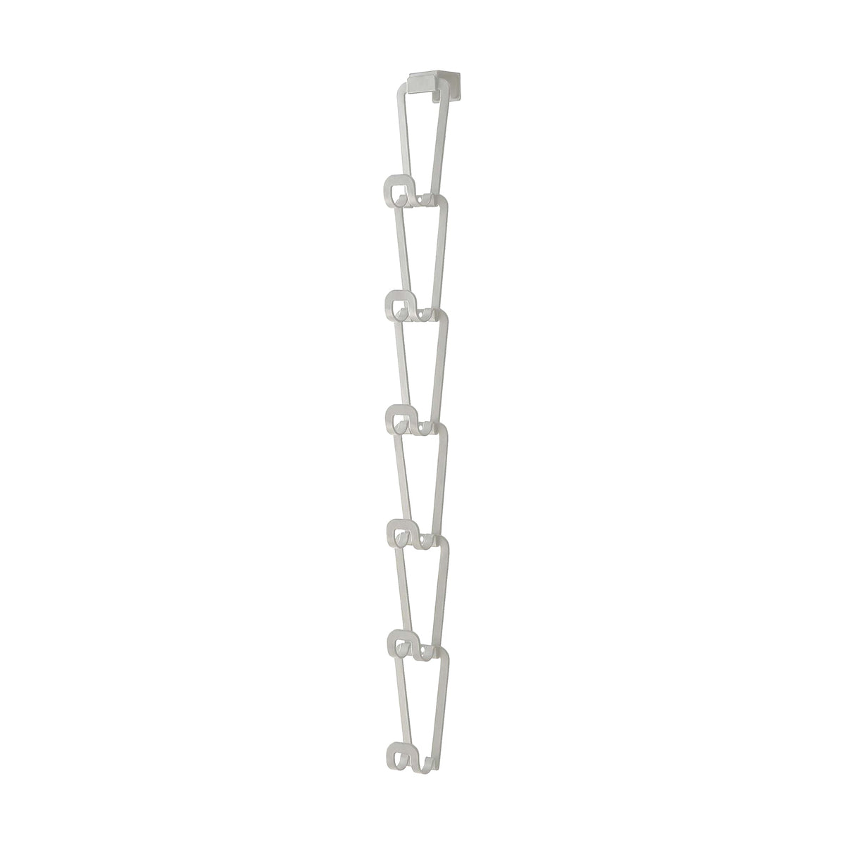 Empty white Yamazaki Home Cascading Storage Hooks - Steel isolated on white, showing a vertical chain of elongated open frames with projecting hooks at the connecting points.