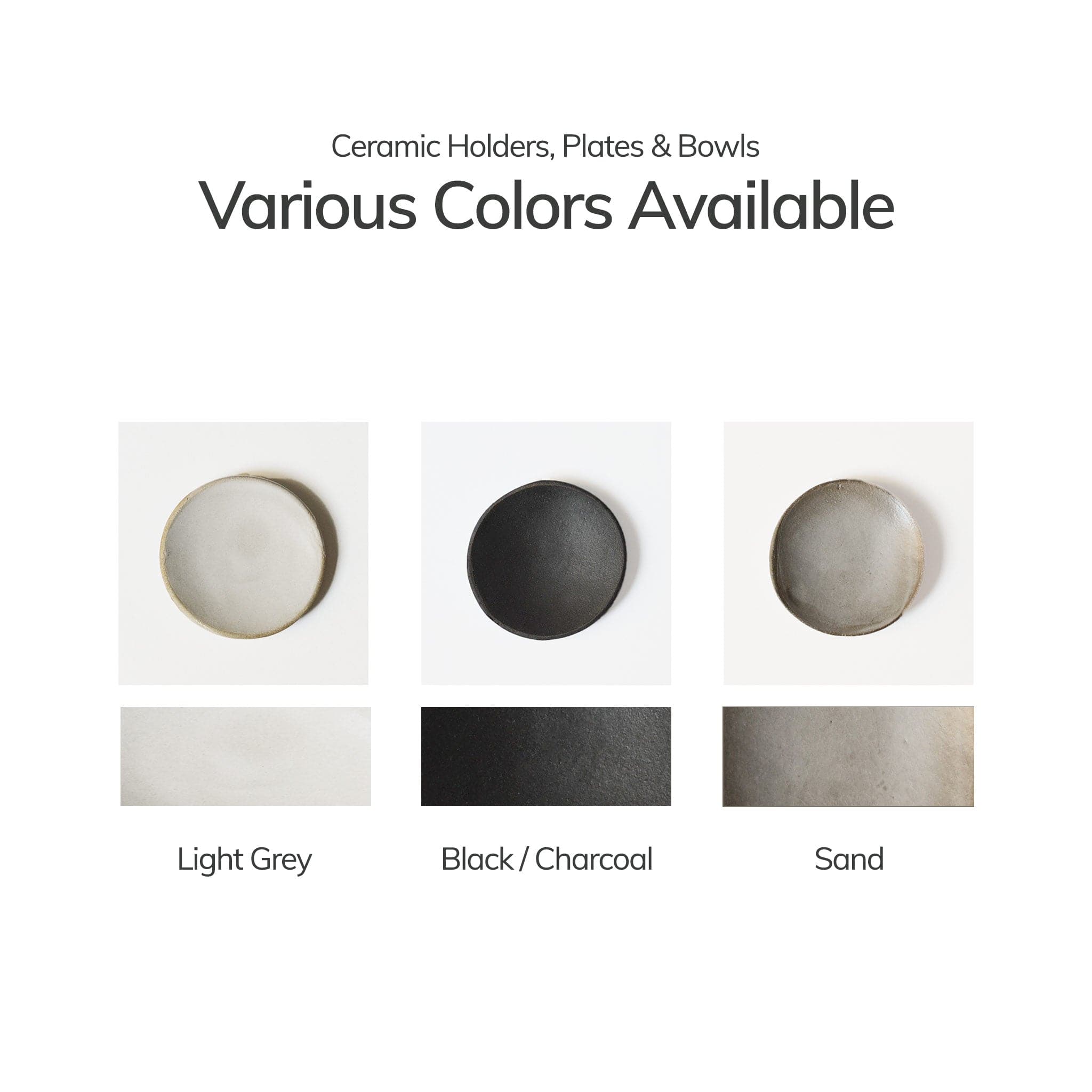 Ceramic holders, plates, and bowls in light grey, black, and sand color options on a white background.