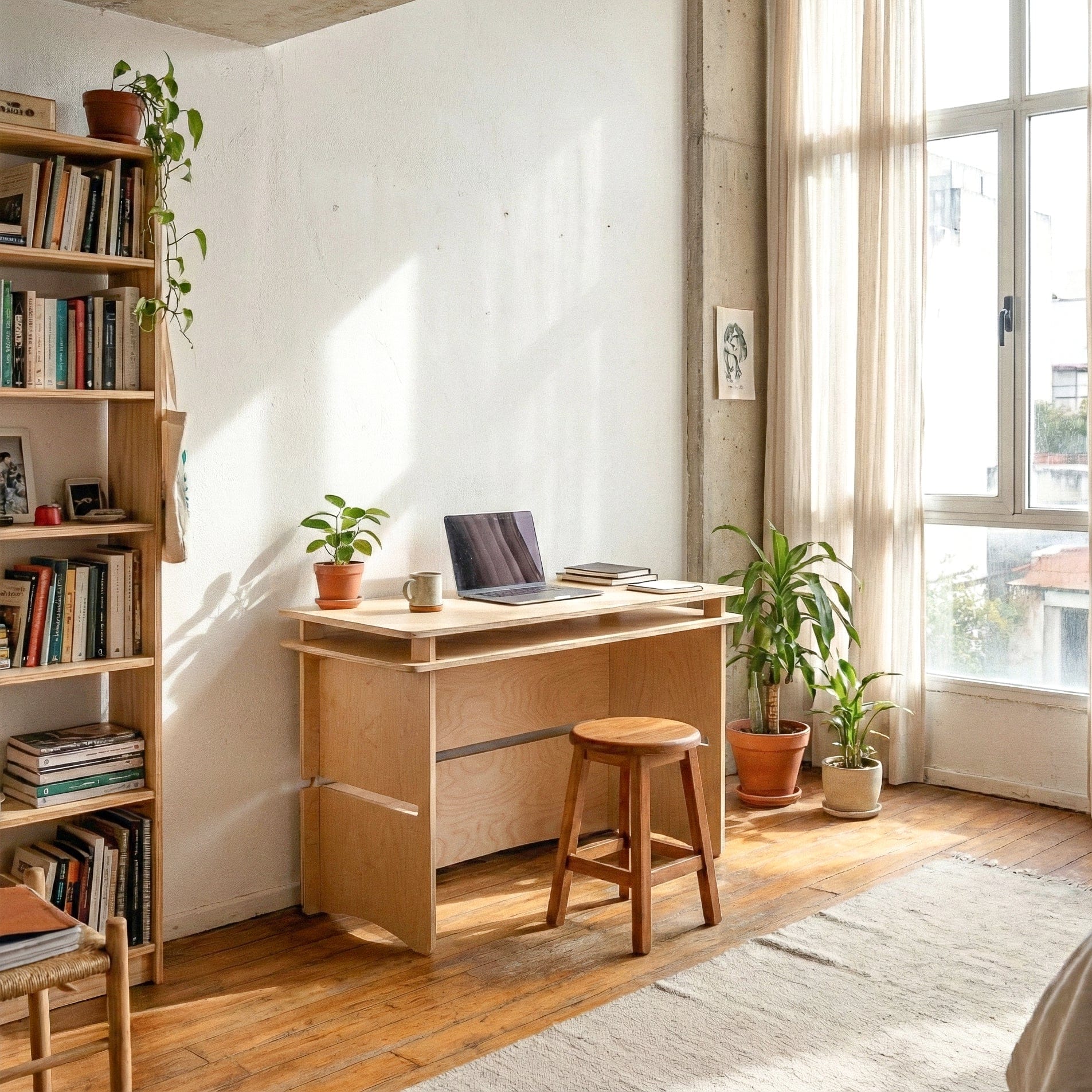 Williamsburg wood desk with a laptop and plant in a bright workspace beside bookshelves, tall windows and a round wood stool