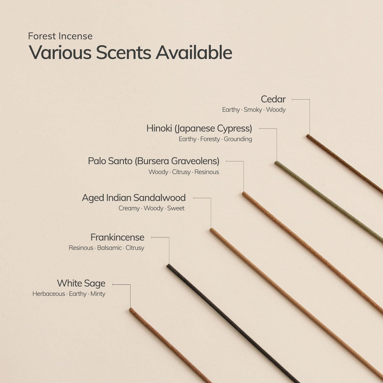 Incense sticks with labels for various scents on a beige background
