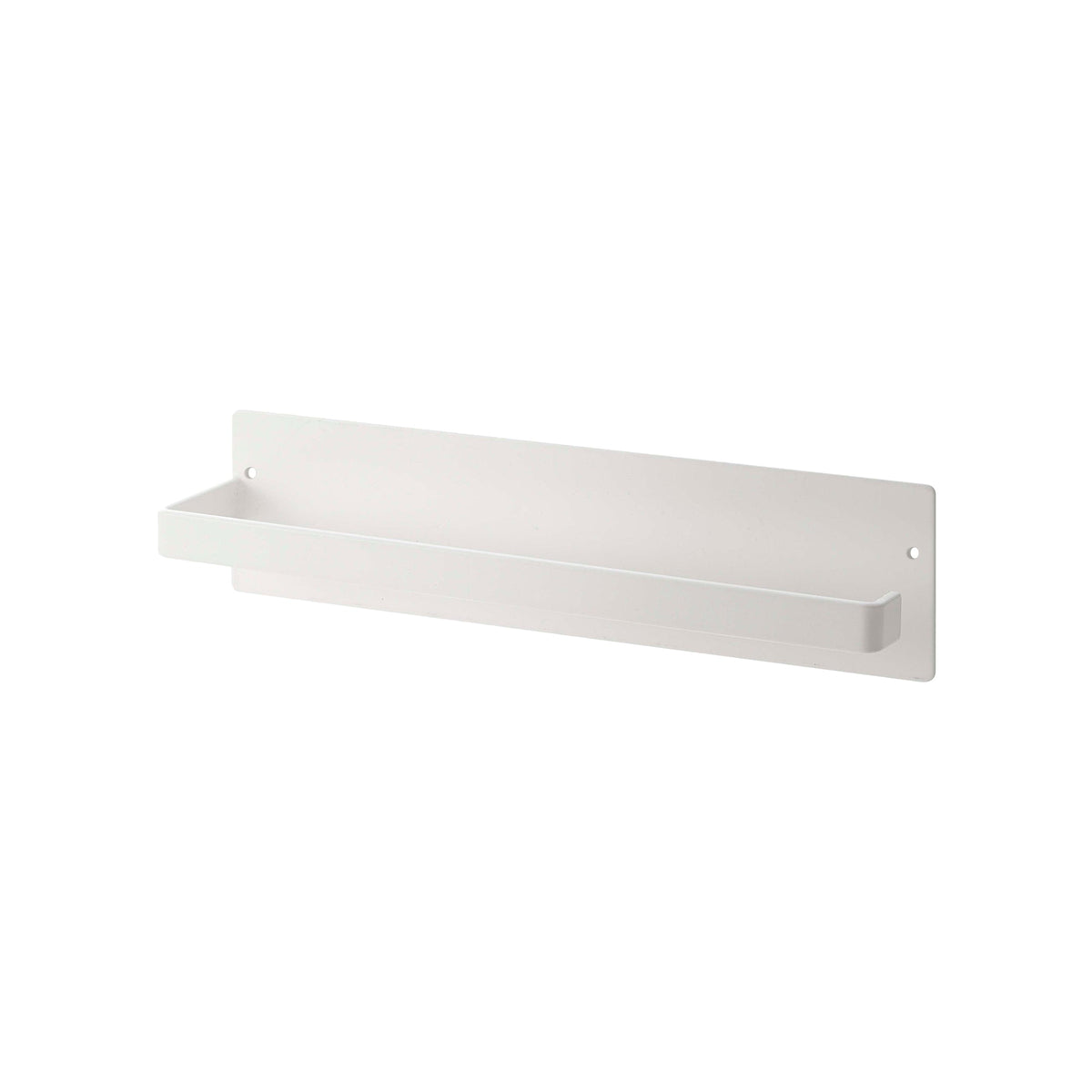 Empty white Yamazaki Home Magnetic Paper Towel Holder - Steel isolated on white, showing a long rectangular mounting plate and a slim horizontal arm with an upturned end.
