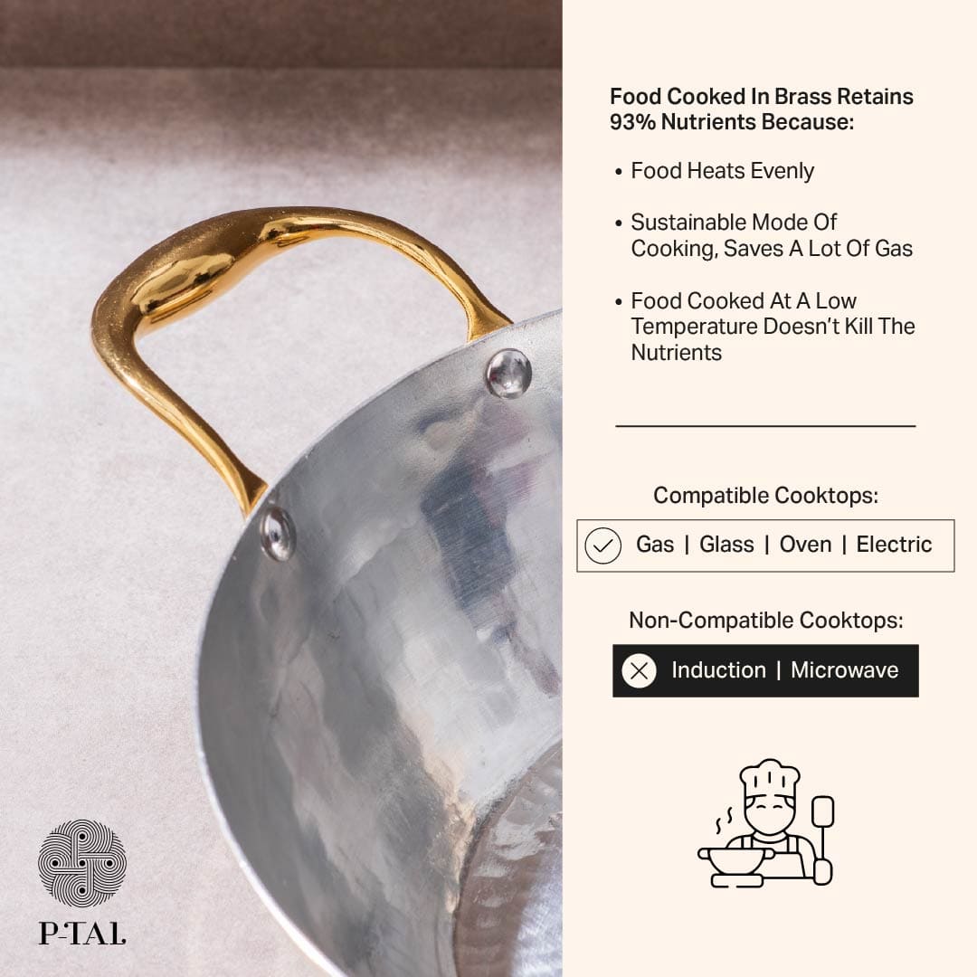 Brass Flat Base Wok with Glass lid