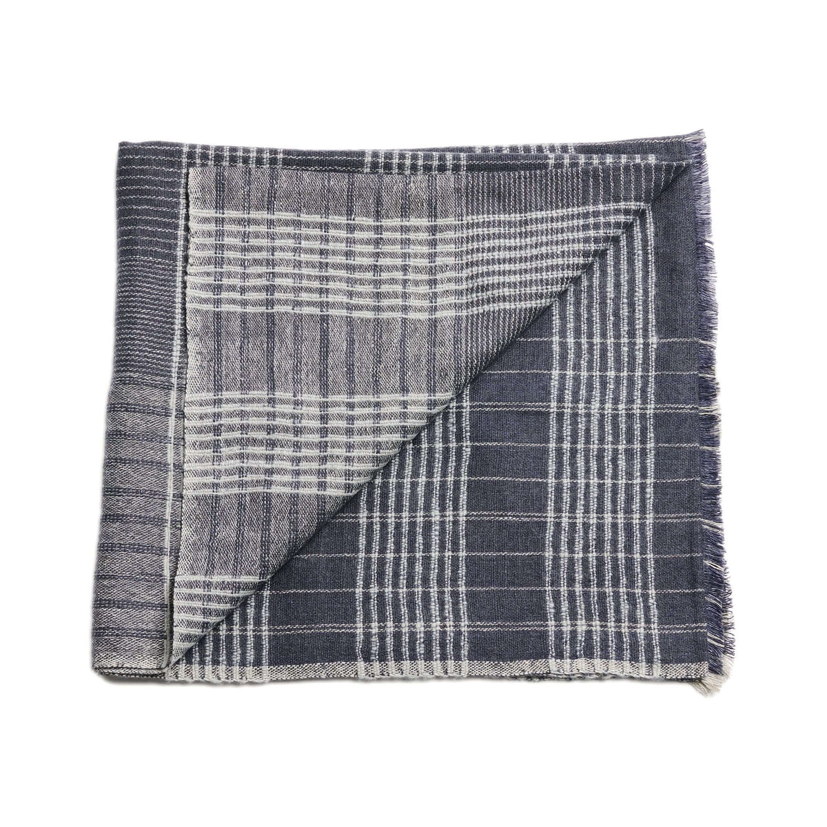 Folded charcoal-gray color variation of the Variously striped handwoven throw with a contrasting check pattern
