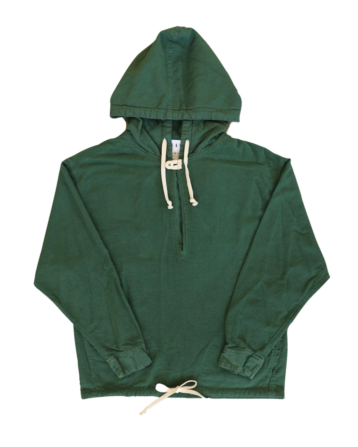 Front product view of the forest-green Anorak with a partial zipper and white drawcords.
