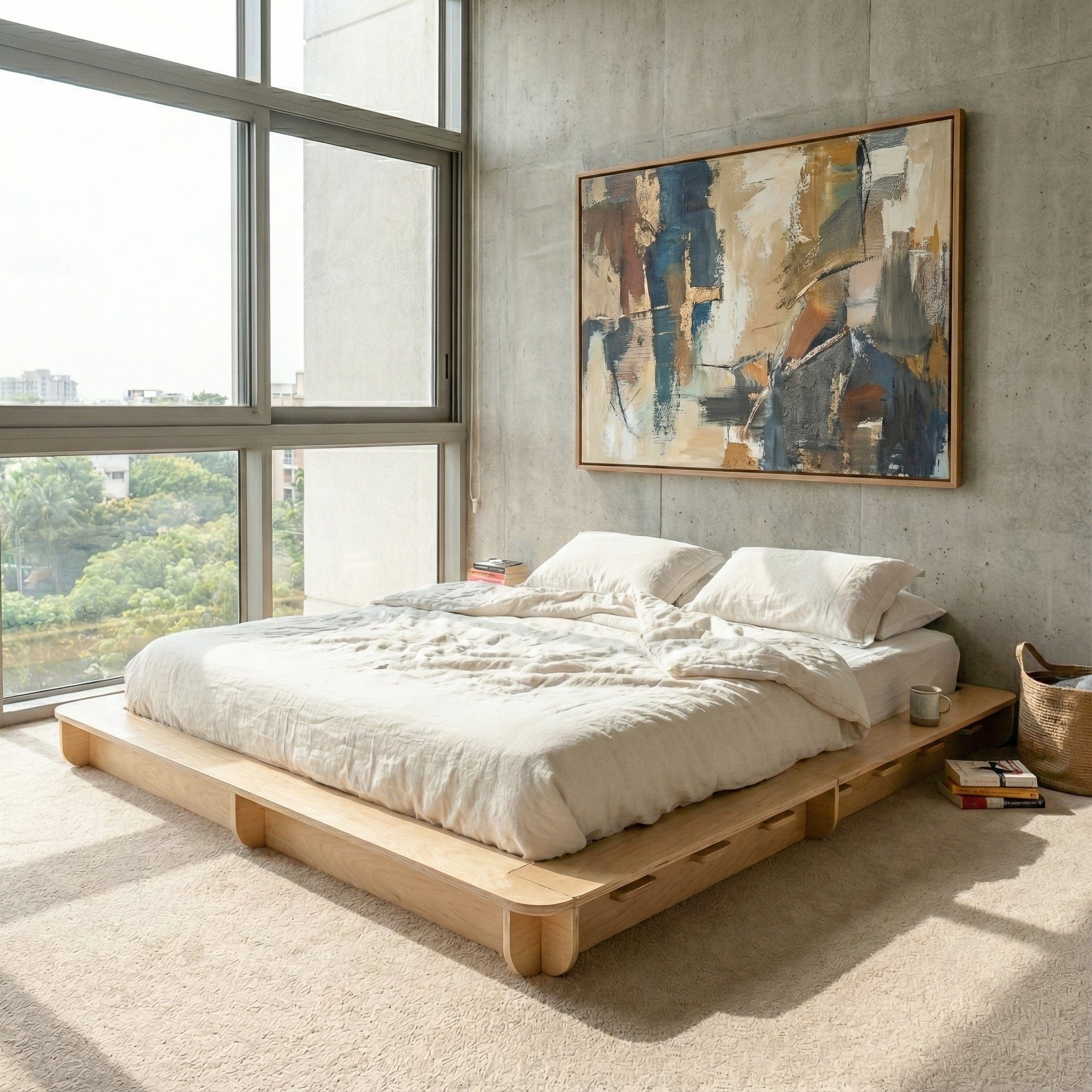 Studio Furnis wood bed platform with rumpled white bedding beside a large window and abstract artwork in a modern concrete bedroom