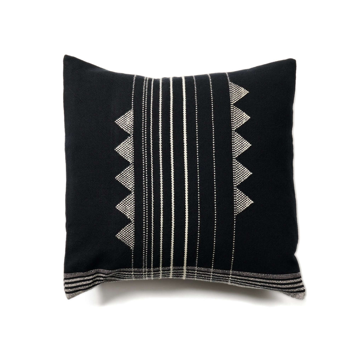 Variously Kora Black large handloom pillow cover with vertical ivory pinstripes, rows of triangular motifs and a striped lower border