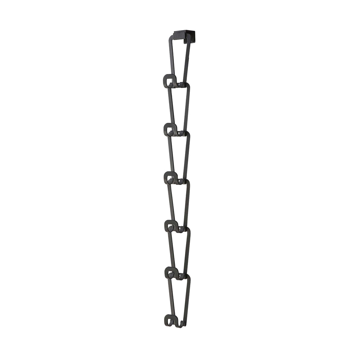 Empty black Yamazaki Home Cascading Storage Hooks - Steel isolated on white, with linked tapered rectangular frames forming a long vertical chain of storage hooks.