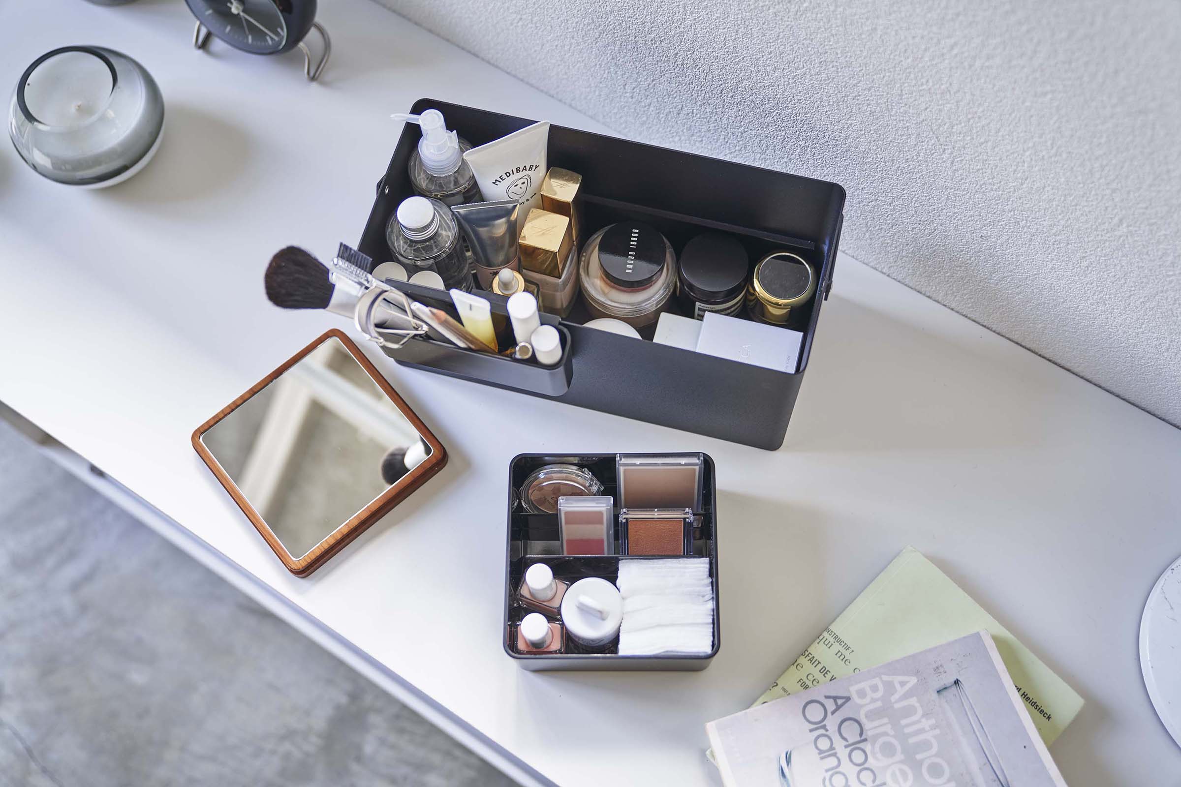 Makeup Organizer with Mirror - Steel + Wood
