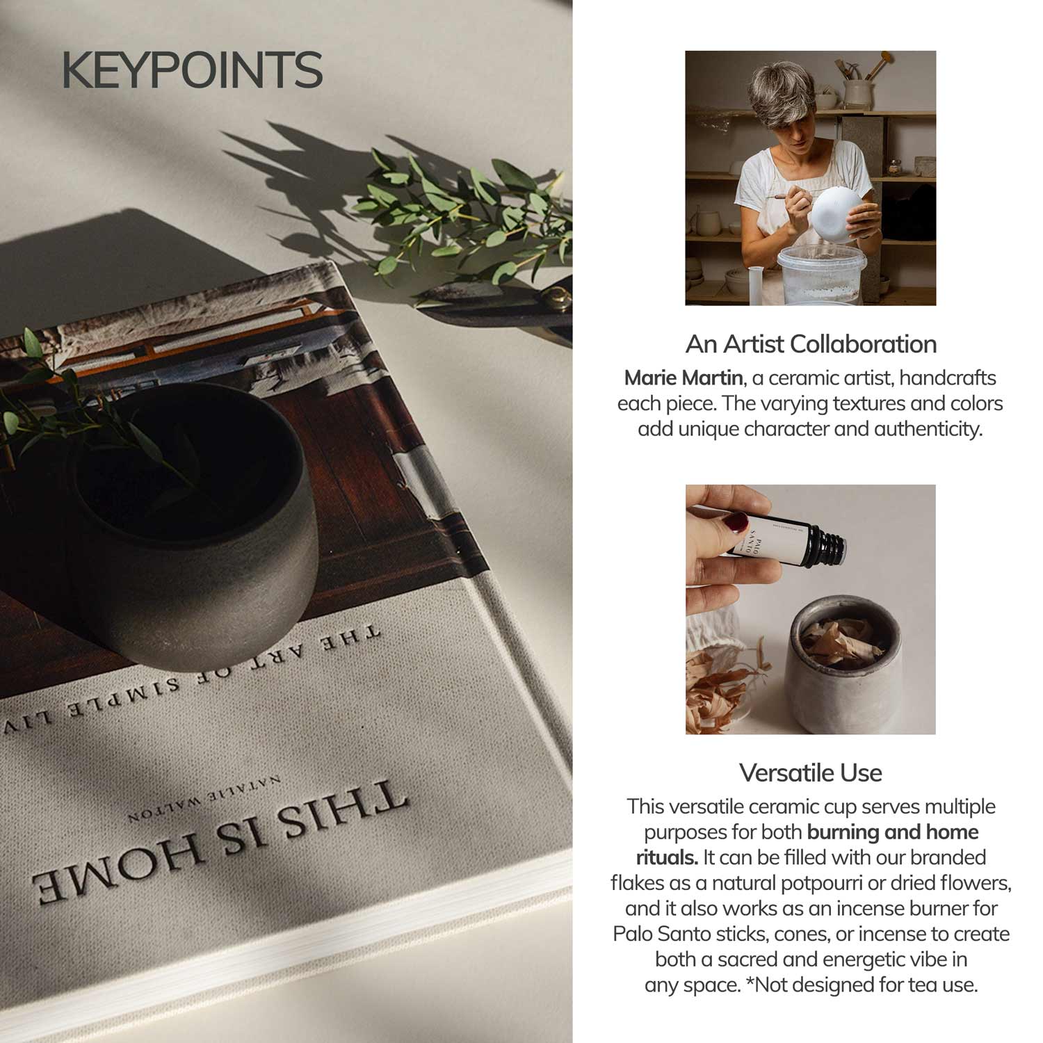 Ceramic cup with branding and text about an artist collaboration and versatile use.