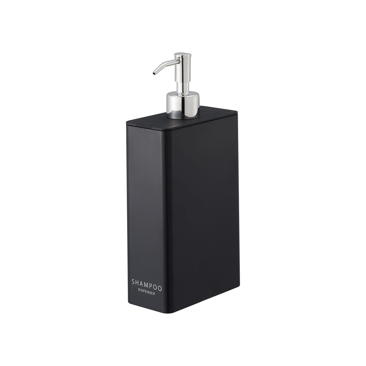 Black Yamazaki Home Rectangle Shower Dispenser - Three Styles isolated on white, showing straight rectangular sides, a flat lid, silver pump and small SHAMPOO label near the base.