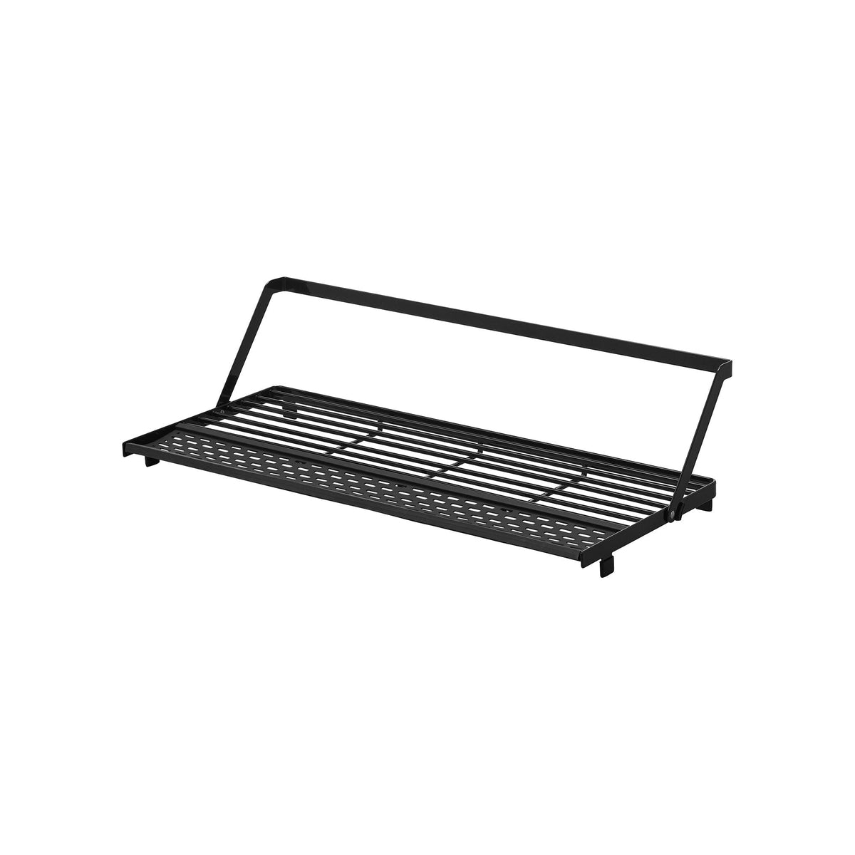 Empty black Yamazaki Home Slim Over-the-Sink Dish Drying Rack - Steel isolated on white, showing the raised support rail, open bar base, perforated utensil section and end supports.