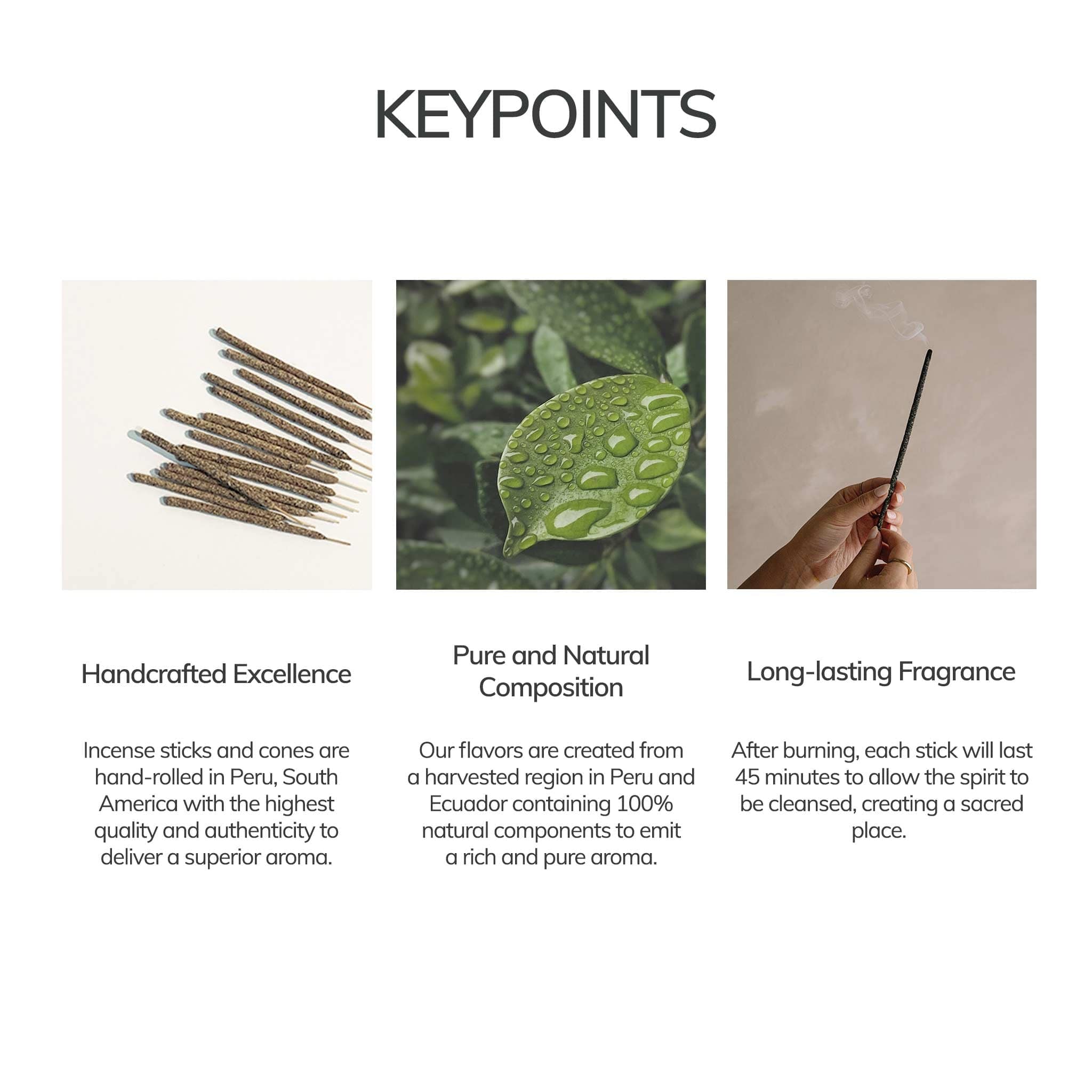 Promotional image of incense sticks and cones with descriptive text on a white background.
