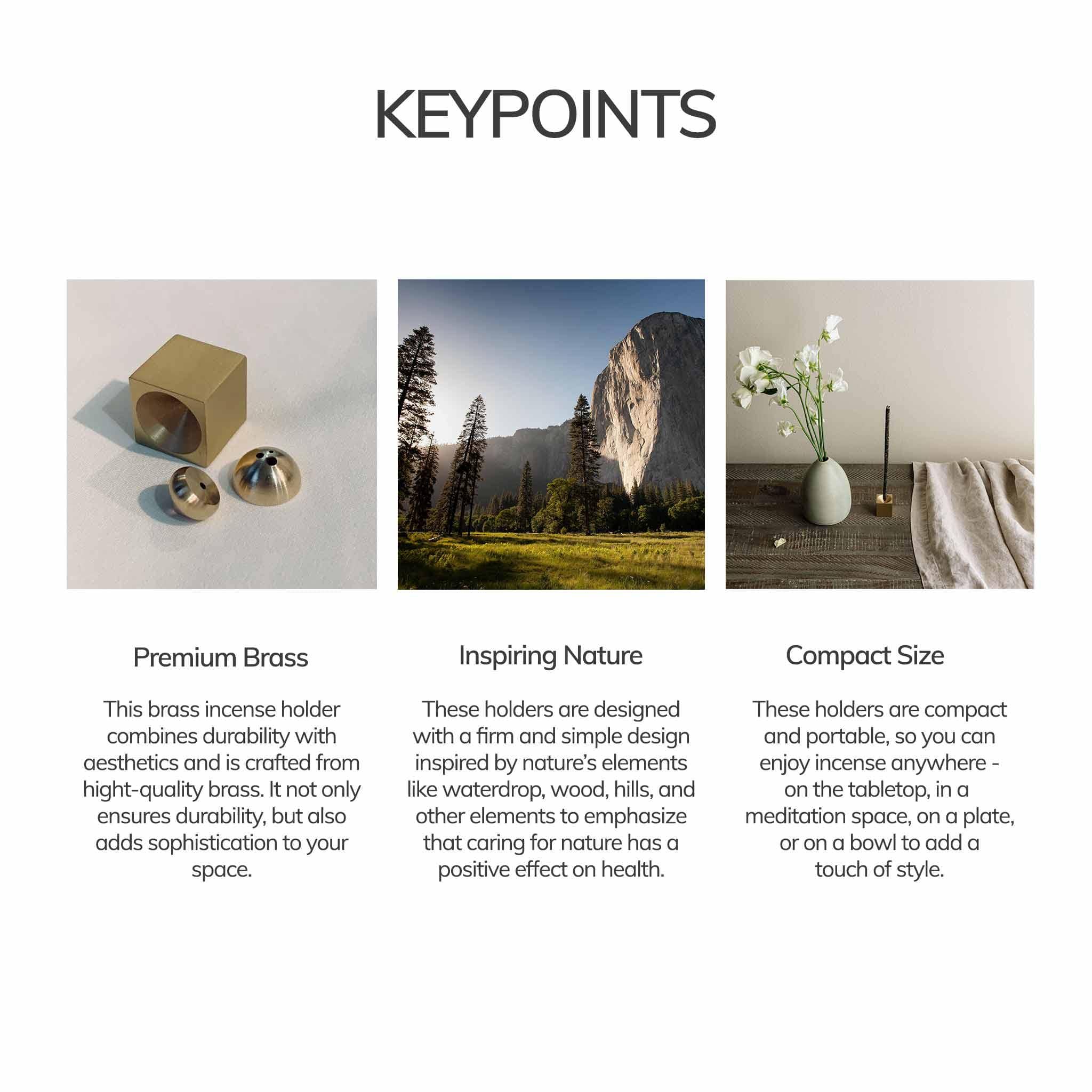 Brass incense holder with scenic and minimalistic backgrounds, featuring text on key points.