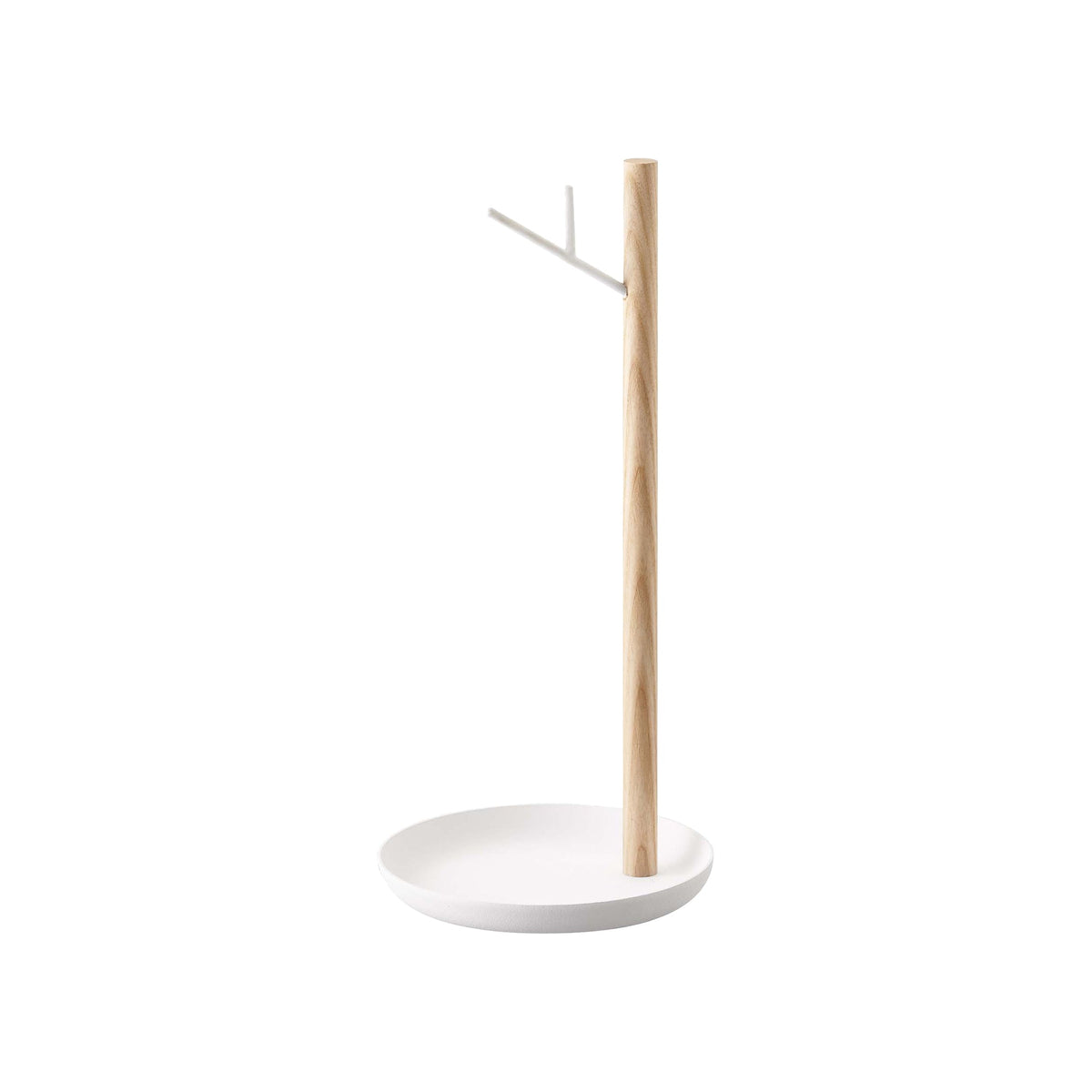 Empty Yamazaki Home Banana Stand - Steel + Wood isolated on white, showing a slender wooden post set near the edge of a round white base and a short upward-angled metal hook.