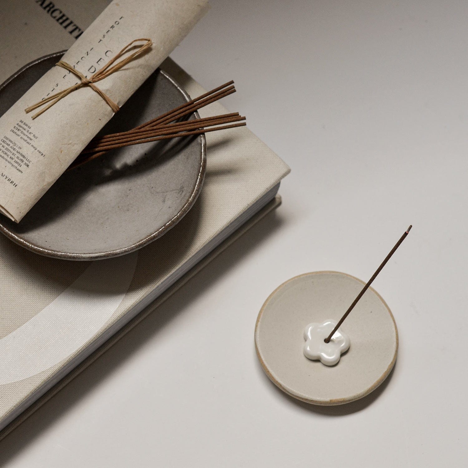 Cedar Incense Set l 30 sticks with Ceramic Holder Overhead on Incense Dish with Books