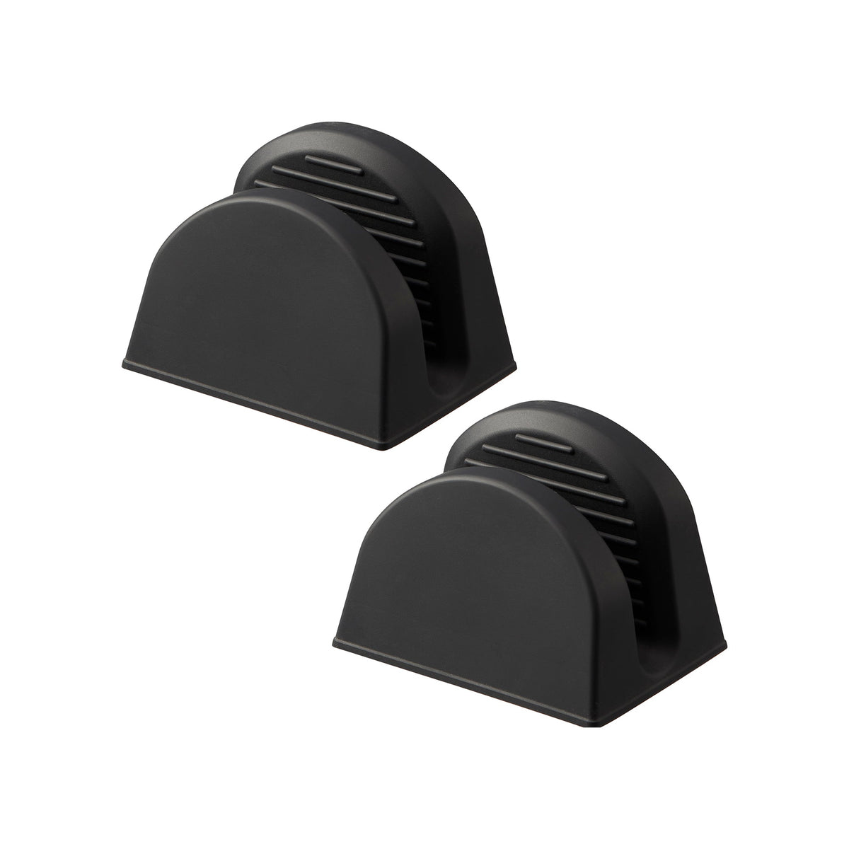 Two black Yamazaki Home Magnetic Pot Holders - Set of 2 - Silicone on white, viewed at an angle to show their arched bodies, flat bases and ribbed inner gripping surfaces.