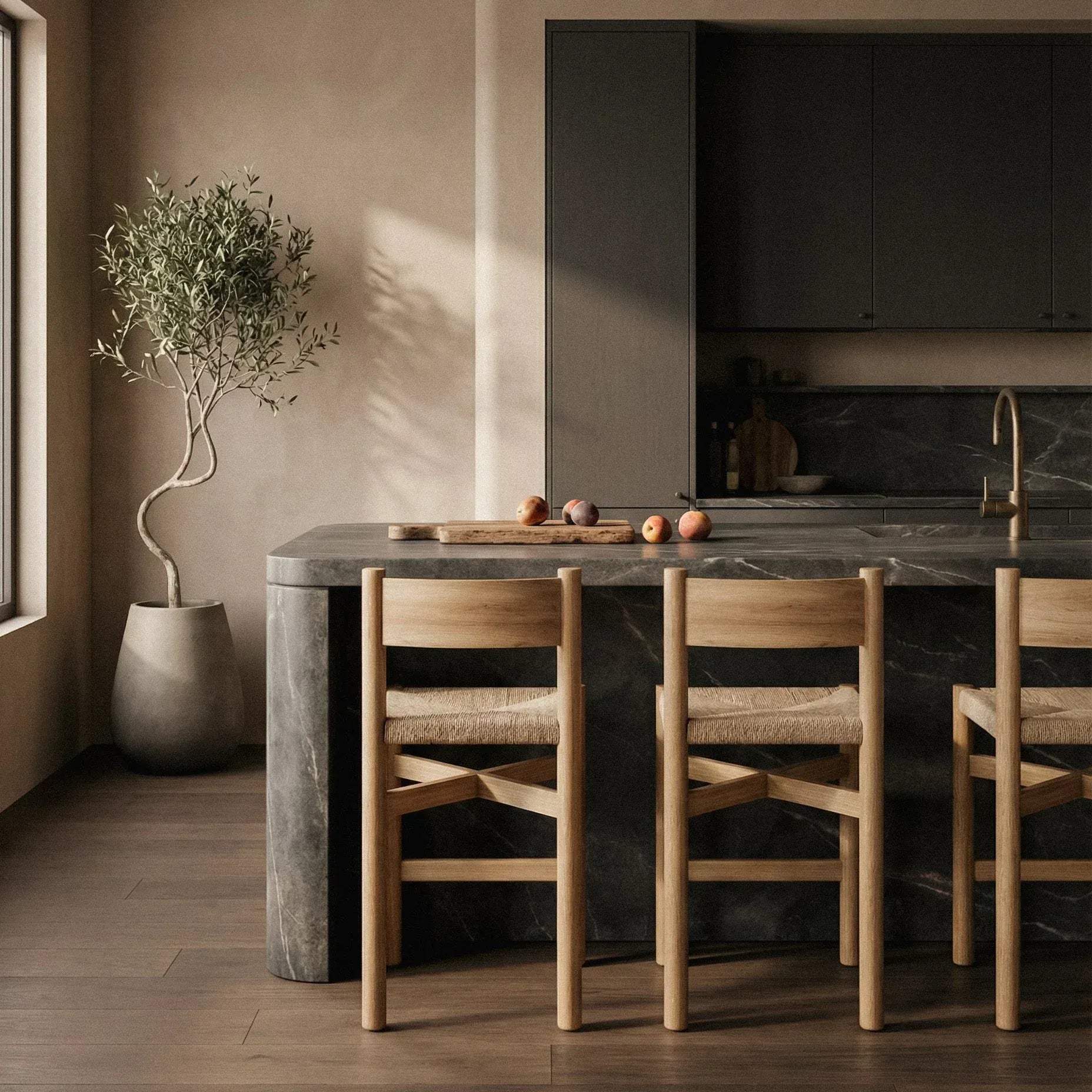 Nonna counter stools styled at kitchen island in Japandi interior