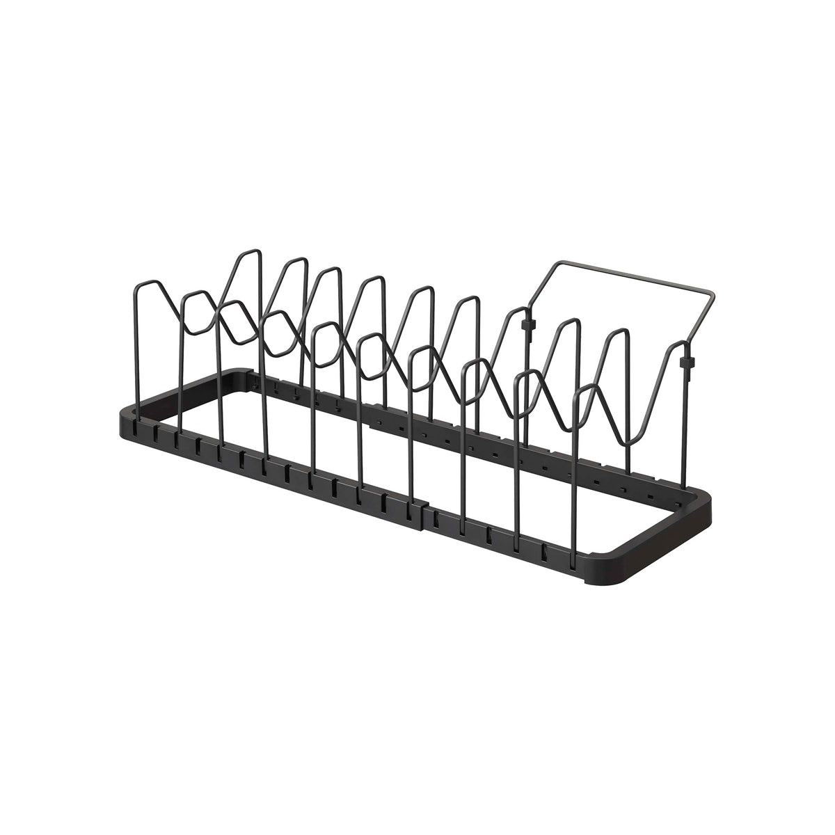 Empty black Yamazaki Home Adjustable Pot Lid Organizer - angle view.