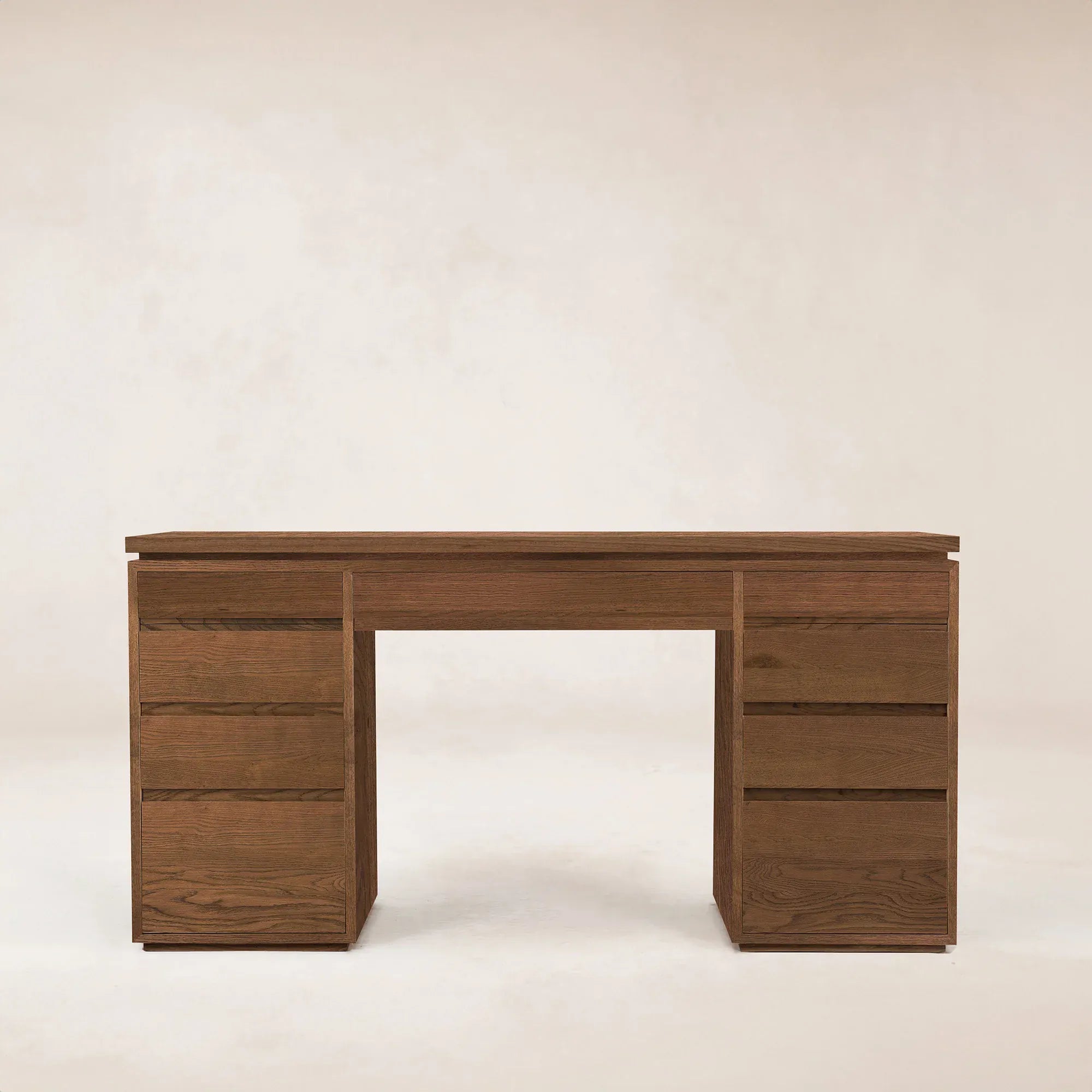 Ojai vanity desk in mocha oak with solid wood top, front view
