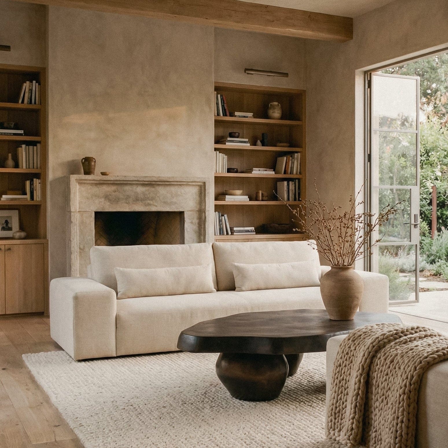 Ojai sofa with wide arms and linen upholstery styled in warm, sunlit living room