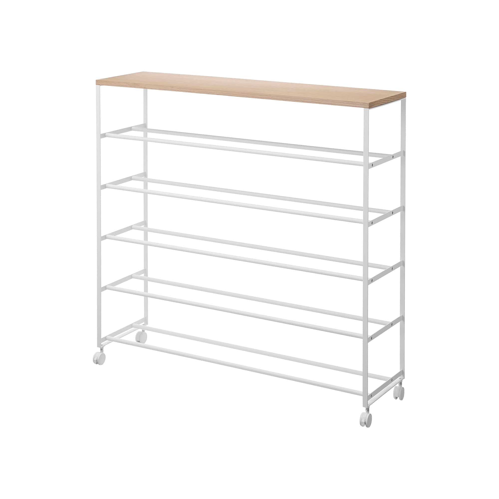 Rolling Five-Tier Shoe Rack (34.25" H) - Steel + Wood