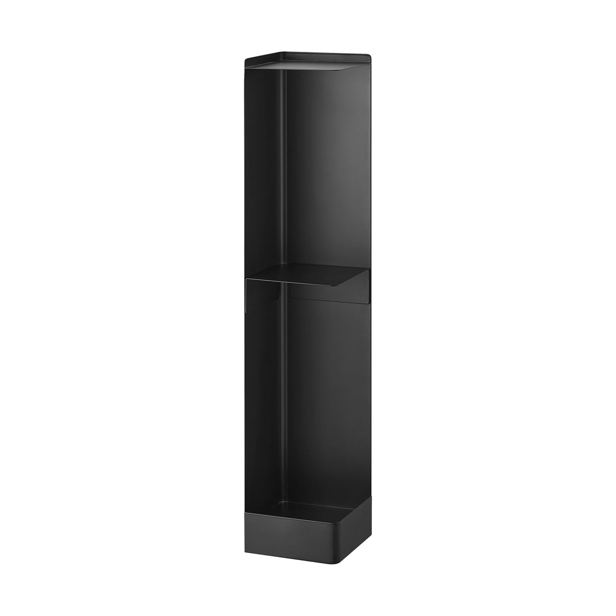 Empty black Yamazaki Home Rolling Bathroom Organizer - Steel isolated on white, showing its slim upright shape, open upper shelf, tall lower storage compartment and raised bottom tray.