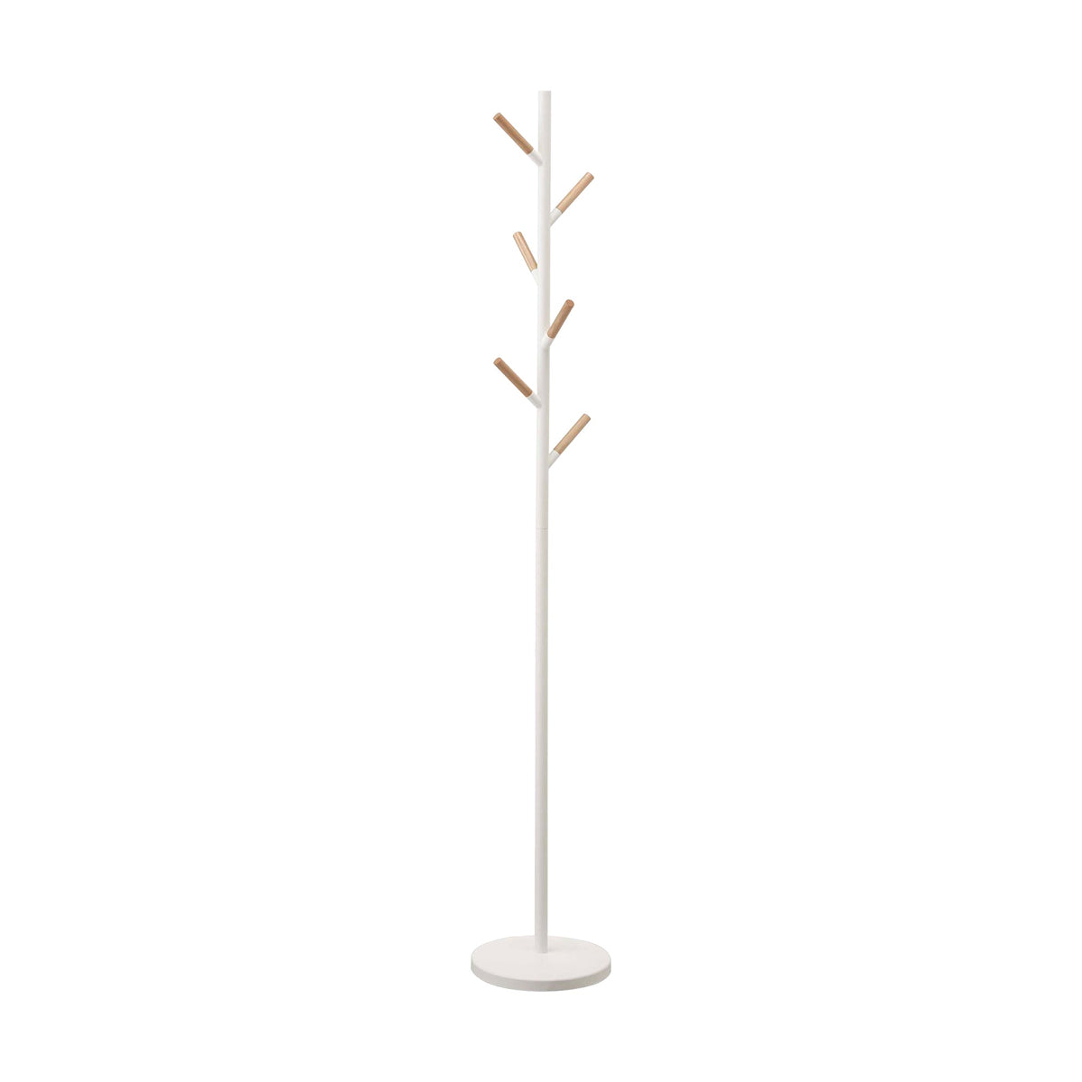 Empty white Yamazaki Home Coat Rack (70" H) - Steel isolated on white, showing staggered wood-tipped hooks along a tall pole and a low circular base.