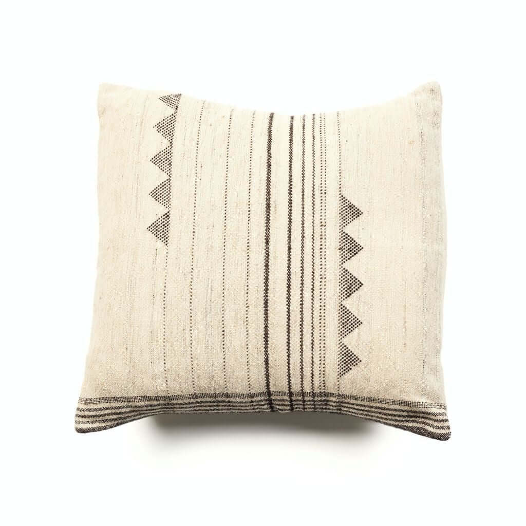 Ivory handloom square pillow cover with fine black vertical stripes, triangular side motifs, and striped lower border.