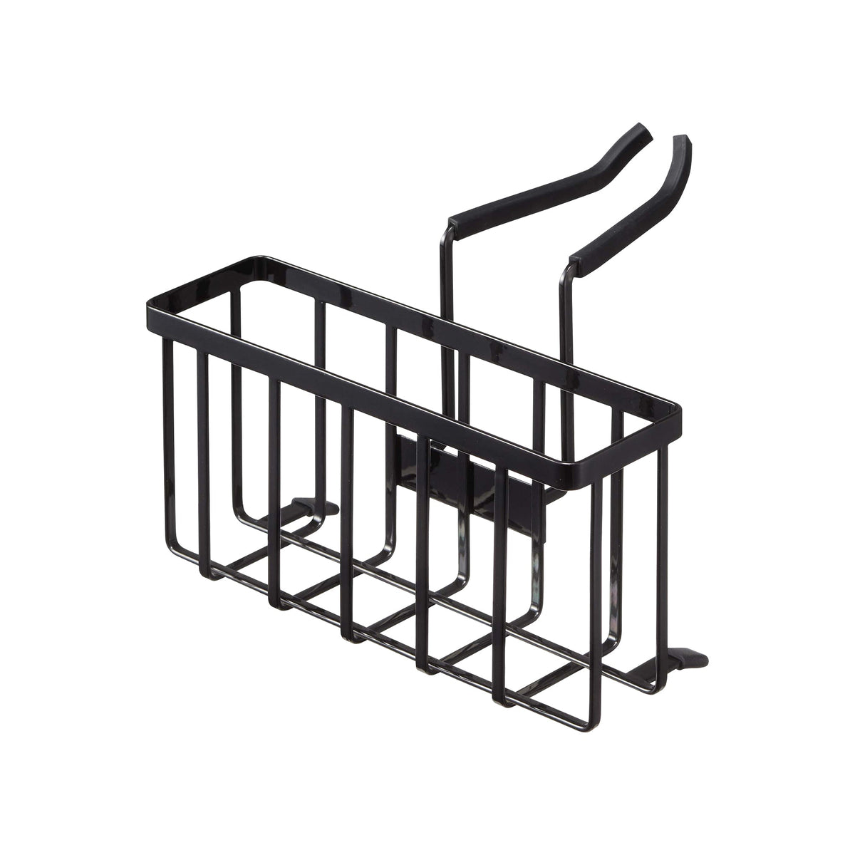 Empty black Yamazaki Home Faucet-Hanging Sponge Caddy - Steel isolated on white, showing its open rectangular basket, spaced wire bars, twin bent support arms and small projecting side hooks.