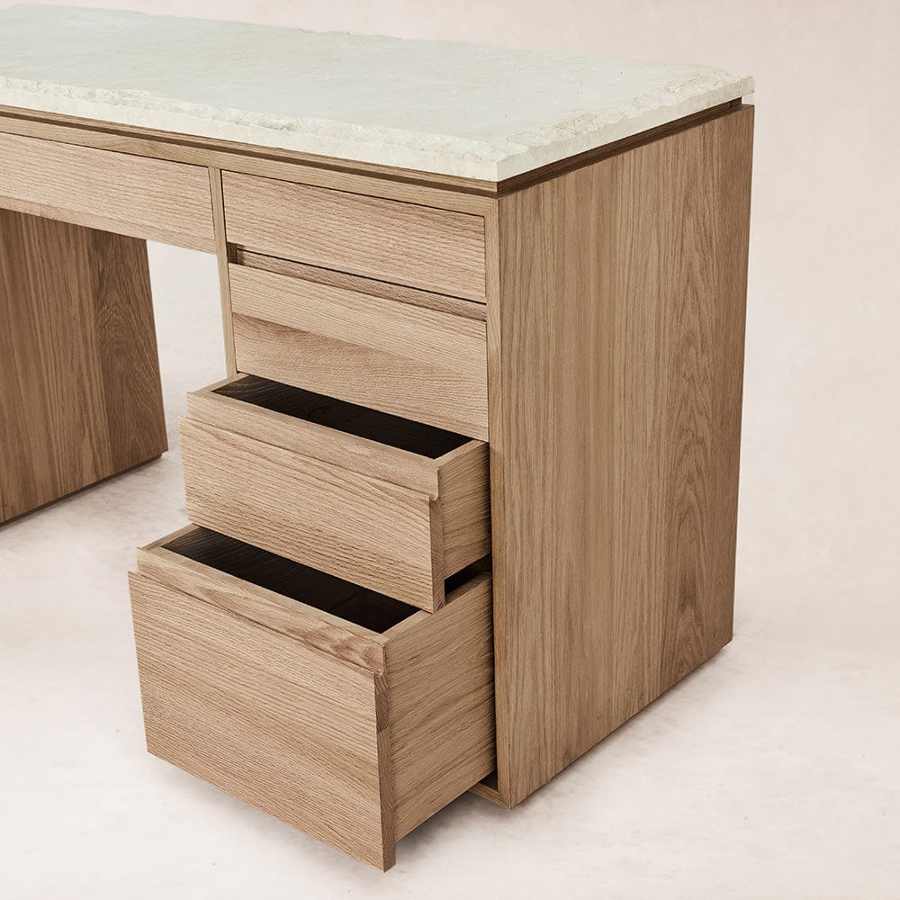 Ojai vanity desk with white oak marble top, drawer detail