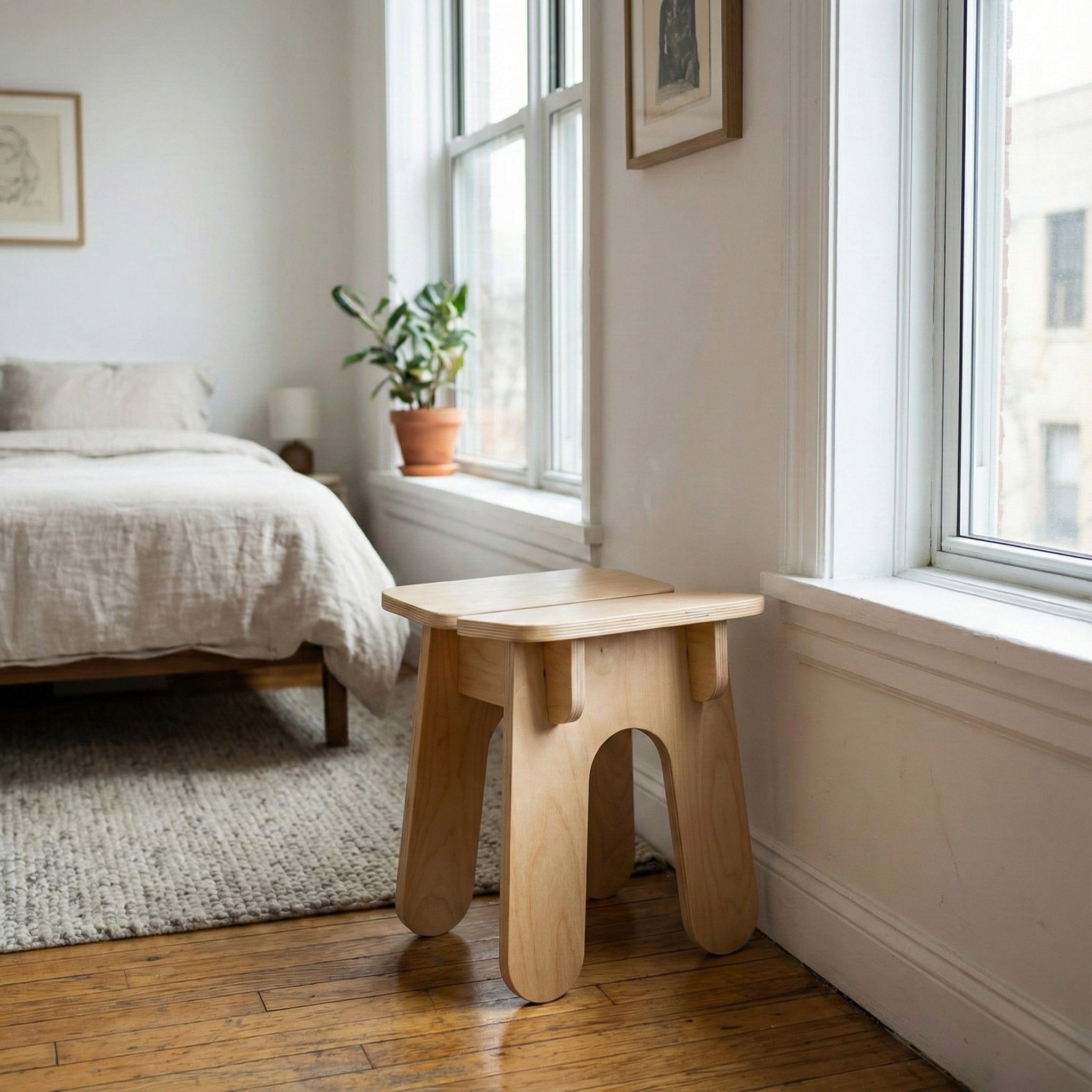 BURIJ wood stool positioned beside a sunlit bedroom window with a potted plant and neutral bedding