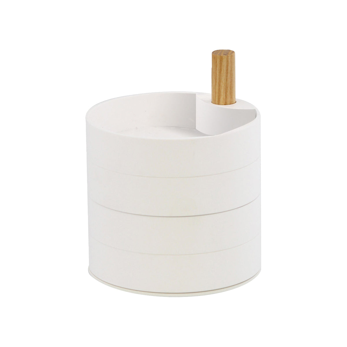White Yamazaki Home Open Top Stacked Jewelry Organizer isolated on white with all four trays aligned into a compact cylinder, an uncovered top tray and a short wooden post projecting upward.