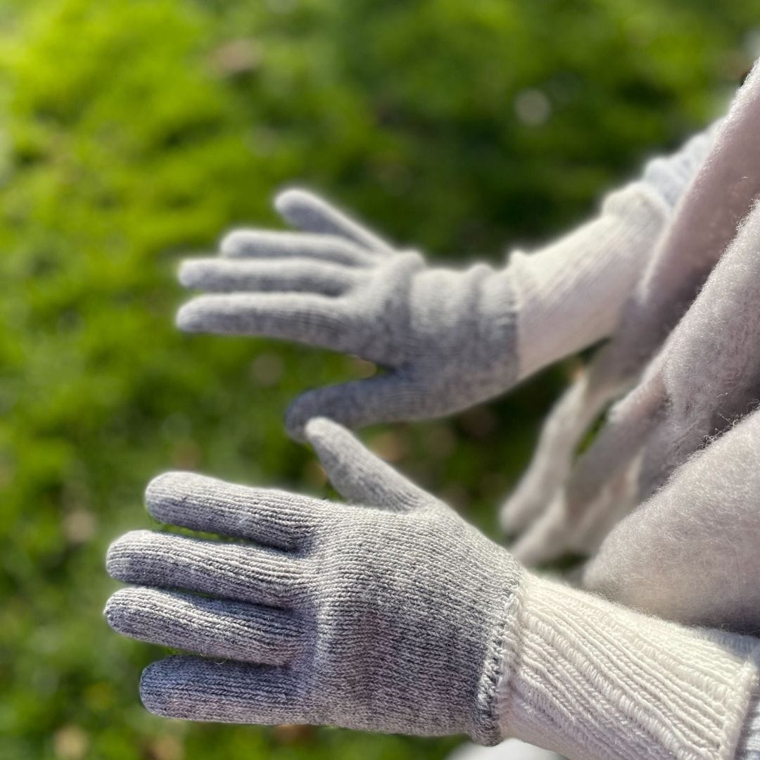 Recycled Wool Blend Japanese Winter Gloves on hands outside