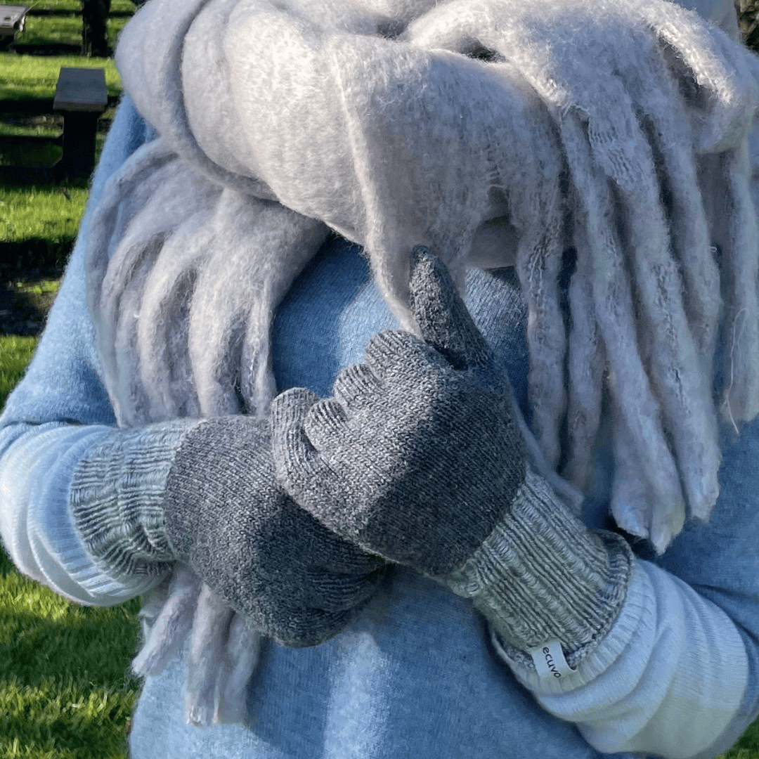 Recycled Wool Blend Japanese Winter Gloves in Gray on woman