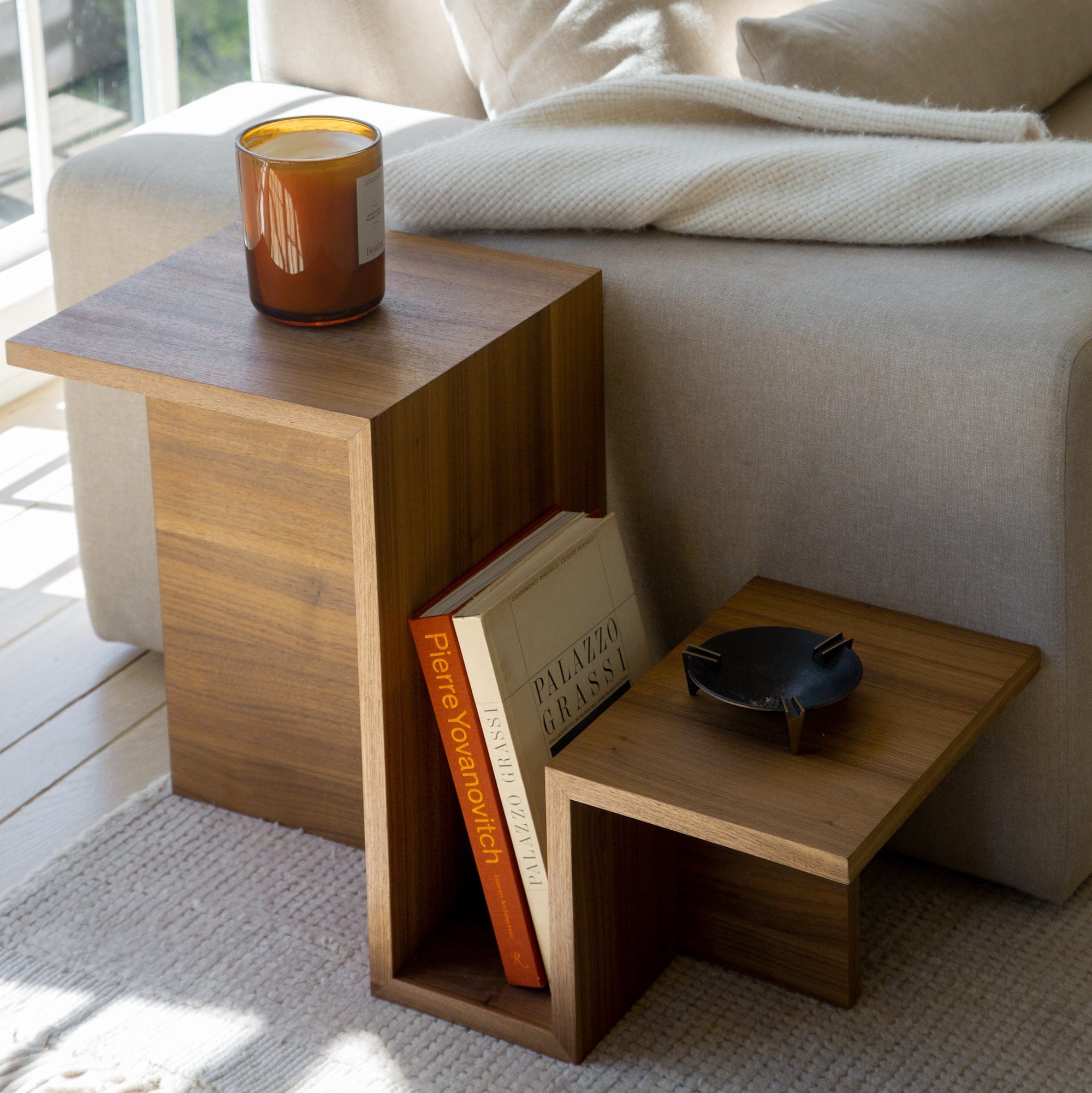 Walnut wood side table styled in Japandi living room