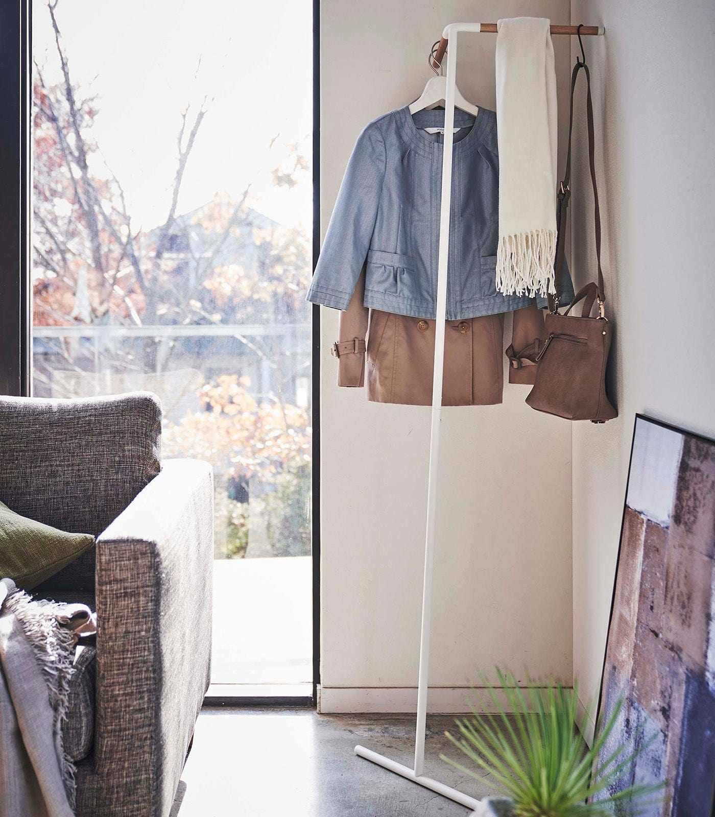Corner Leaning Coat Hanger (63" H)  - Steel + Wood