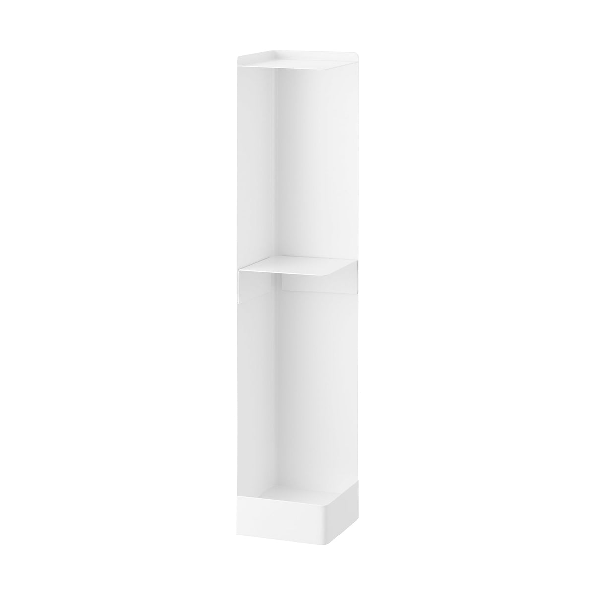 Empty white Yamazaki Home Rolling Bathroom Organizer - Steel shown upright on white, with a narrow rectangular frame, open upper shelf, tall lower compartment and raised base tray.