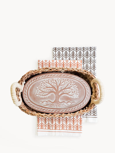 Korissa Bread Warmer Basket Gift Set with dark chevron tea towel, front view